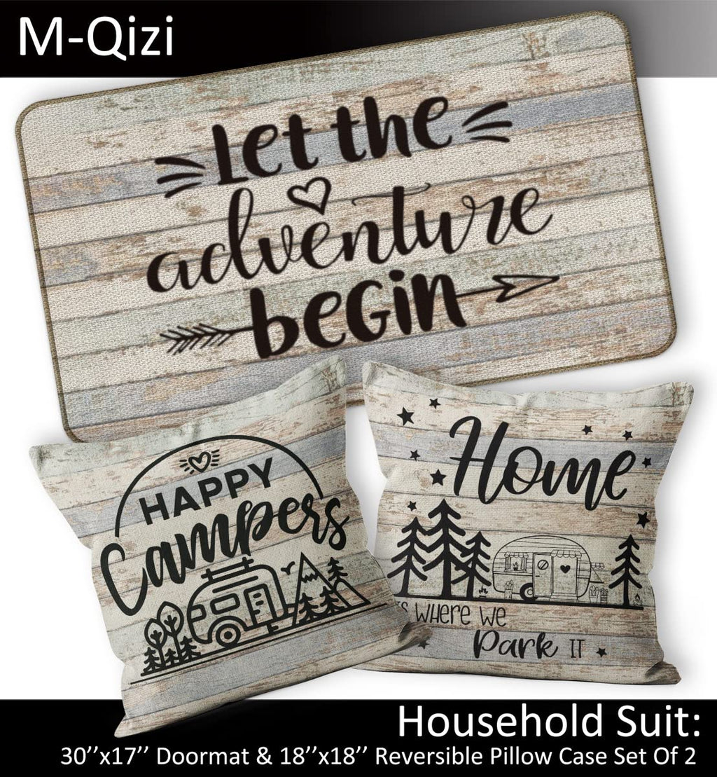 M-Qizi Camper Decor 3 Pieces Set - 1 Rv Door Mat 2 Camper Pillows Cover, 30'X17' Rv Rugs For Inside, 18X18 Pillow Cover, Rv Gi