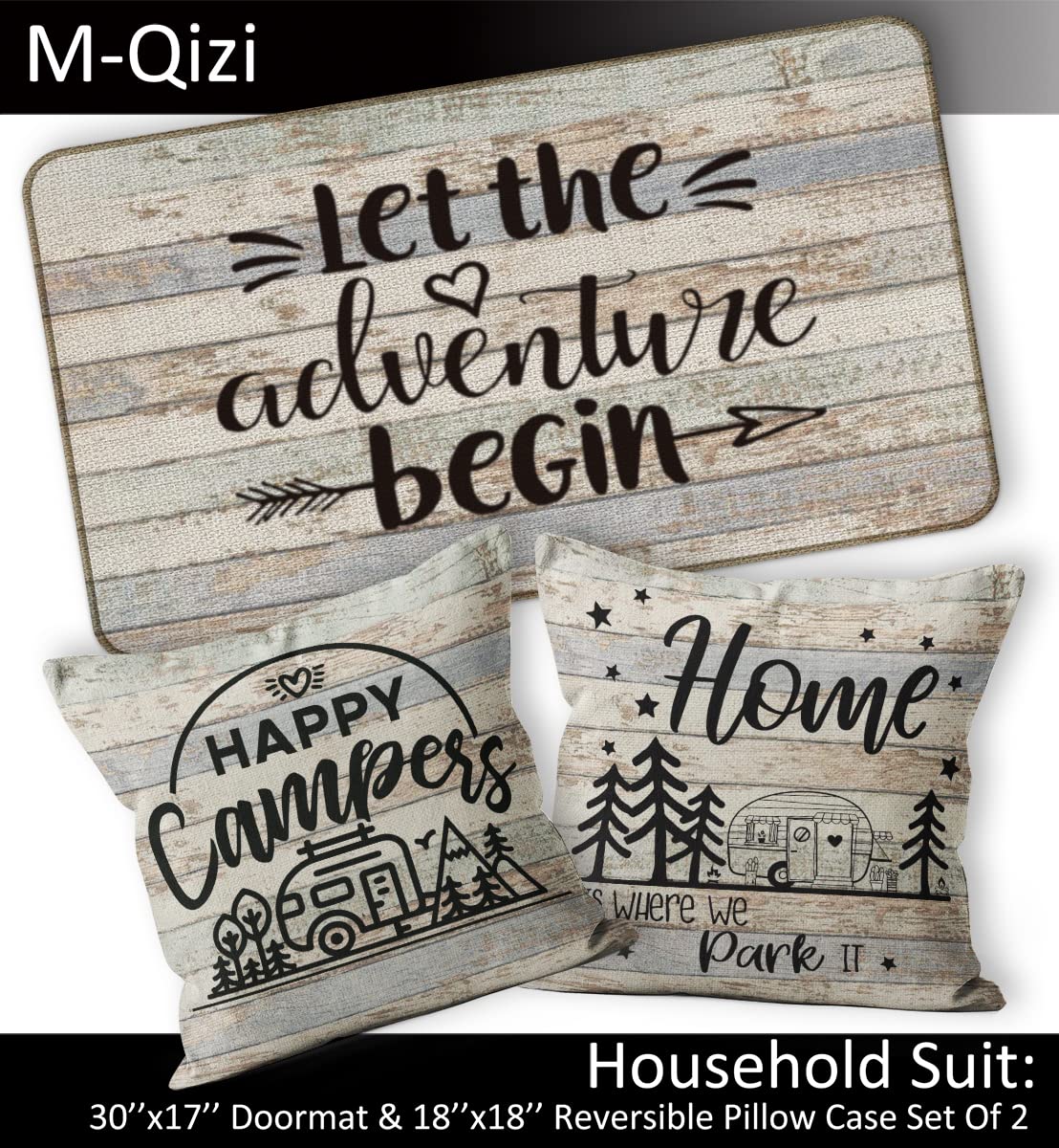 M-Qizi Camper Decor 3 Pieces Set - 1 Rv Door Mat 2 Camper Pillows Cover, 30'X17' Rv Rugs For Inside, 18X18 Pillow Cover, Rv Gi