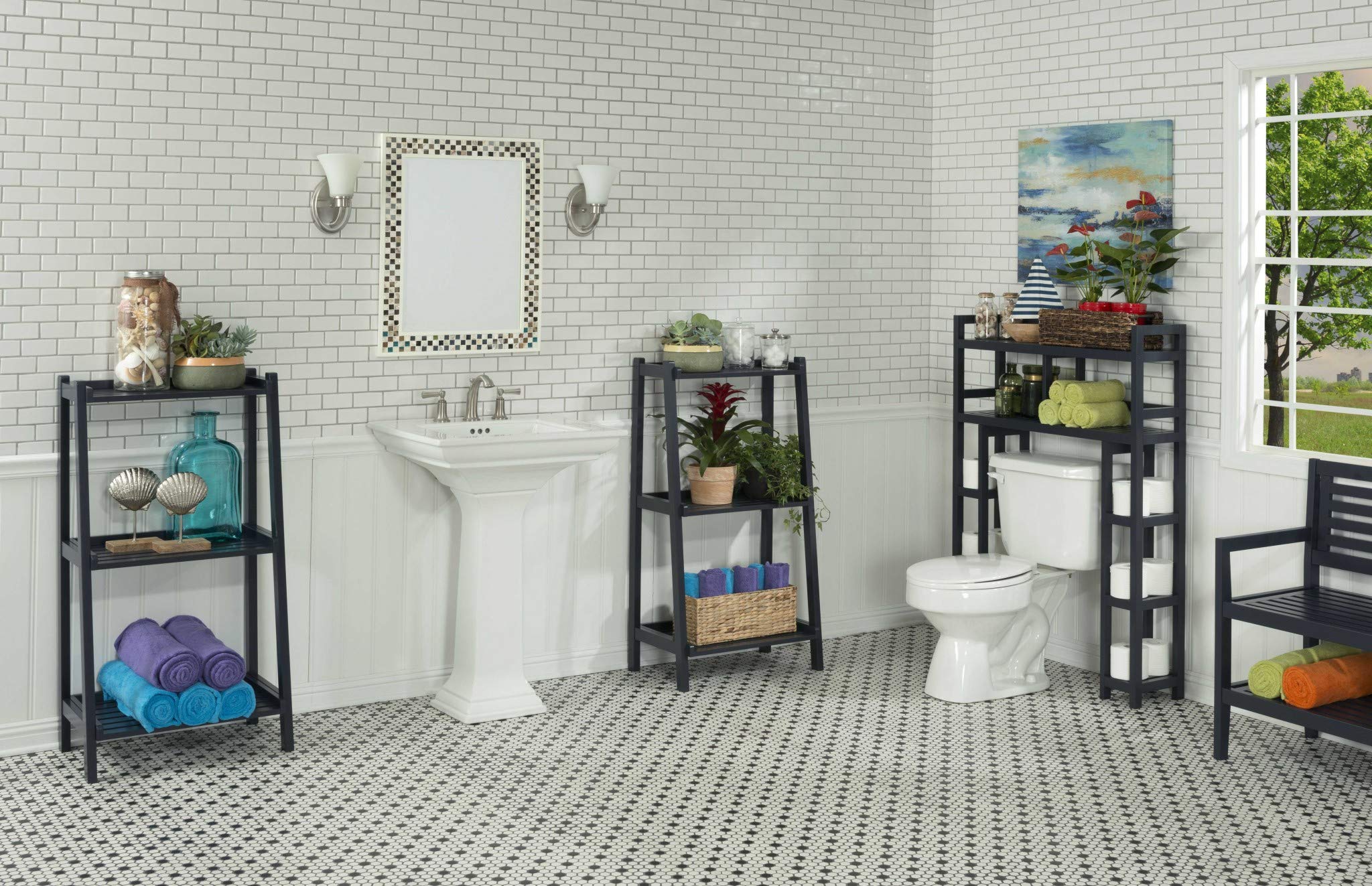 HomeRoots Graphite Hardwood 48' Bathroom Organizer with Side Storage with 2 Shelves in Grpahite