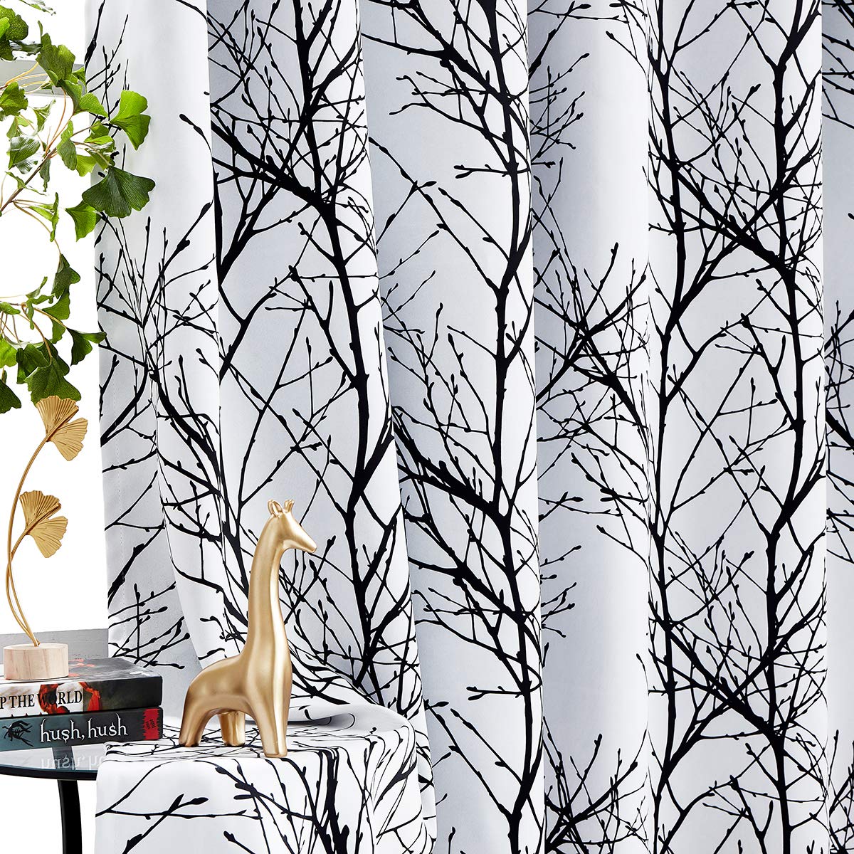 Tree Full Blackout Curtains For Bedroom Living Room, Modern Black Tree Branch Printed Thermal Insulated Grommet Curtains & Drape