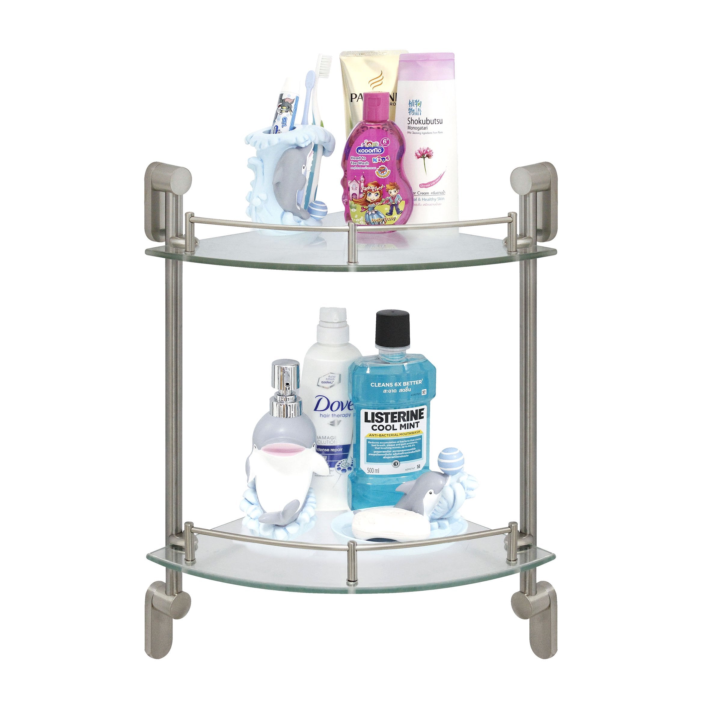 Modona Double Corner Glass Shelf With Pre-Installed Rail - Satin Nickel - Oval Series - 5 Year Warrantee