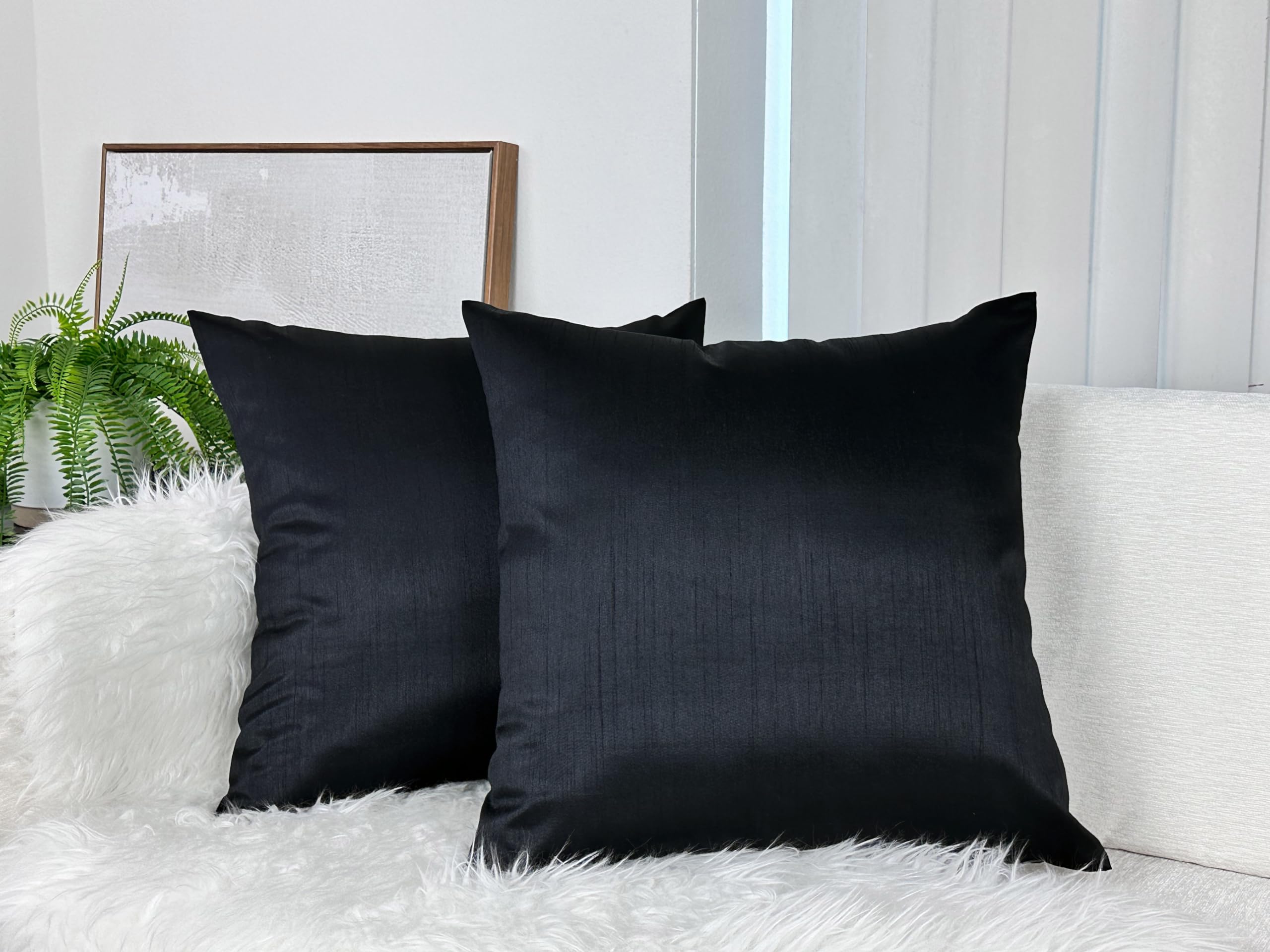Aiking Home Collection 26X26 Inches Faux Silk Square European Shams, Zipper Closure, Black (Set Of 2)