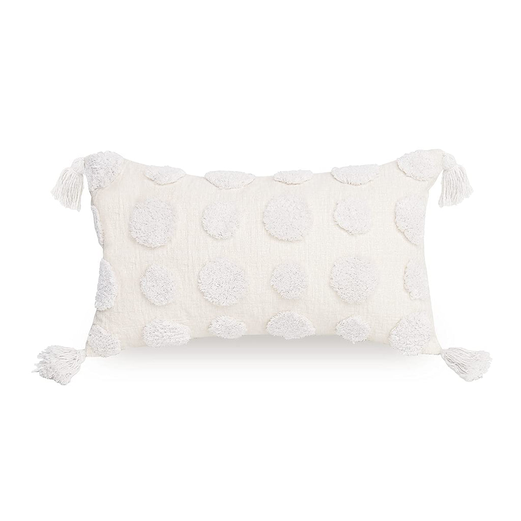 Plworld Boho White Lumbar Throw Pillow Cover 12X20 Inch With Tassels, Pom Pom Tufted Cream Chenille Fabric Small Accent Textured