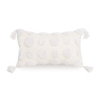 Plworld Boho White Lumbar Throw Pillow Cover 12X20 Inch With Tassels, Pom Pom Tufted Cream Chenille Fabric Small Accent Textured