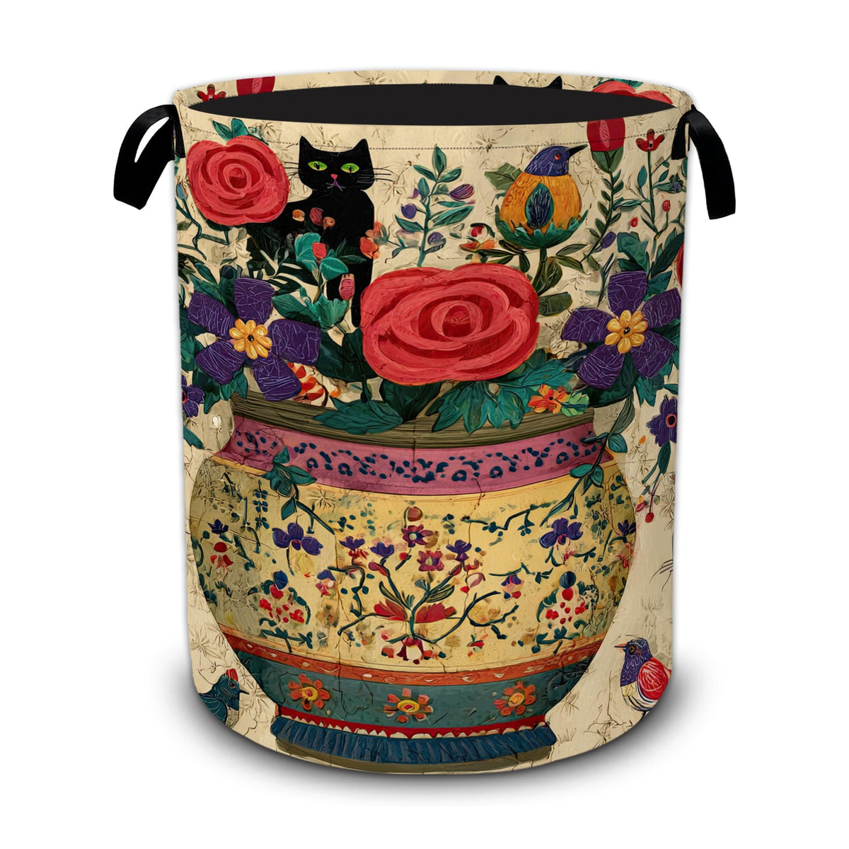 Black Cat Flowers Laundry Basket,Floral Vase Art Foldable Oxford Laundry Hamper with Handles,Collapsible Clothes Storage Basket 