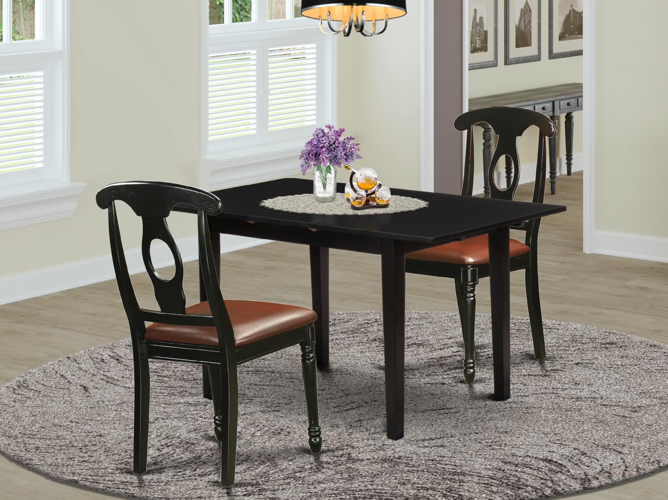 East West Furniture Noke3-Blk-Lc 3 Piece Dining Table Set Contains A Rectangle Dining Room Table With Butterfly Leaf And 2 Faux Leather Upholstered Chairs, 32X54 Inch, Black