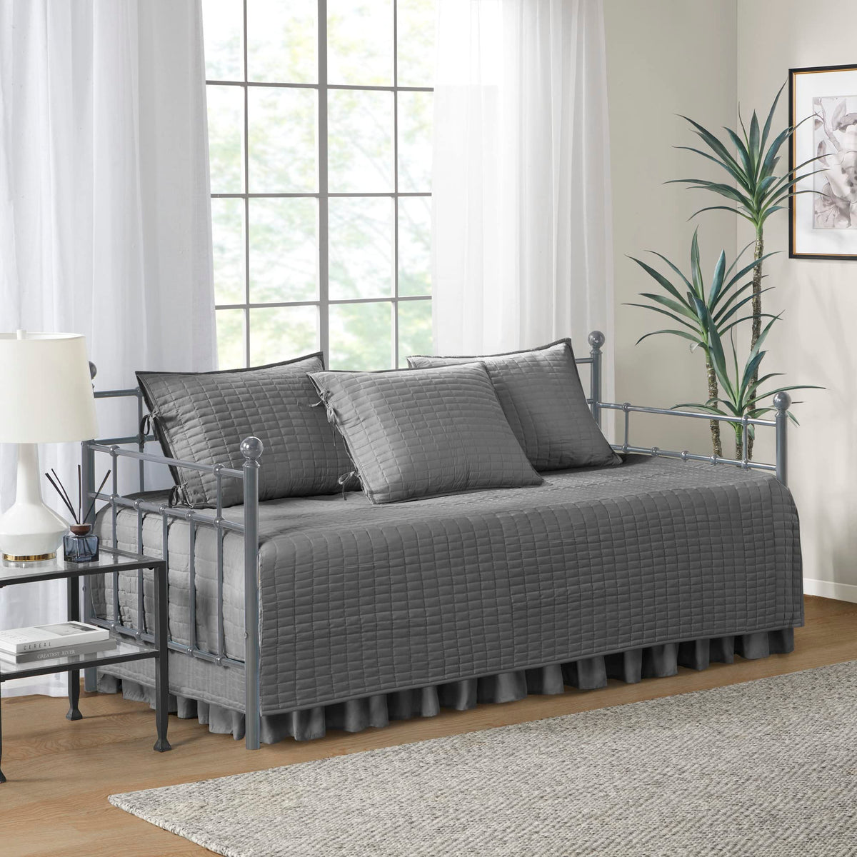Comfort Spaces Daybed Cover- Luxe Double Sided -Quilting, All Season Cozy Bedding with Bedskirt, Matching Shams, 75'x39' Charcoa
