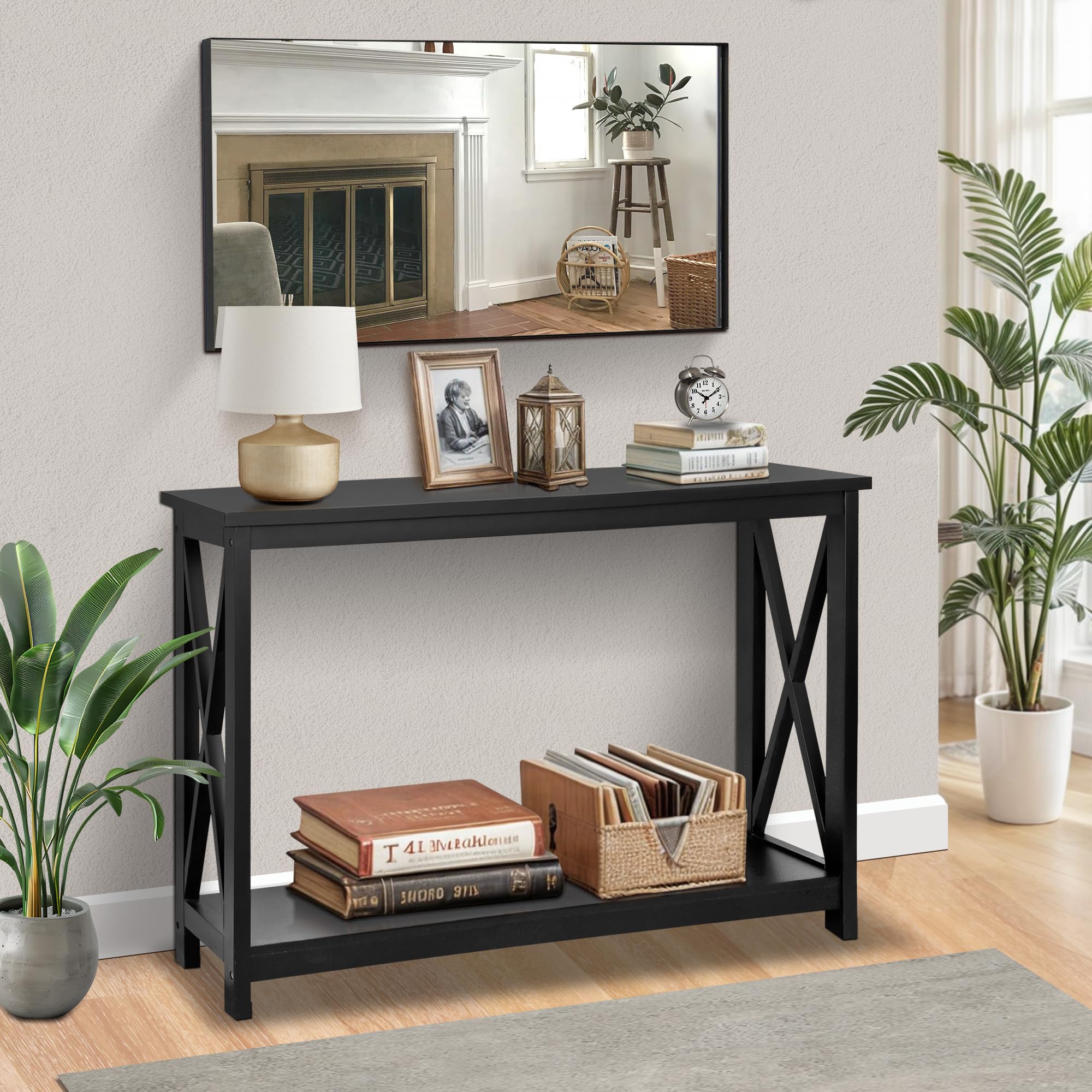 Super Deal 2-Tier Narrow Console Sofa Side Table For Entryway/Hallway/Living Room, 39.3In L X 11.8In W X 31.6In H, Black