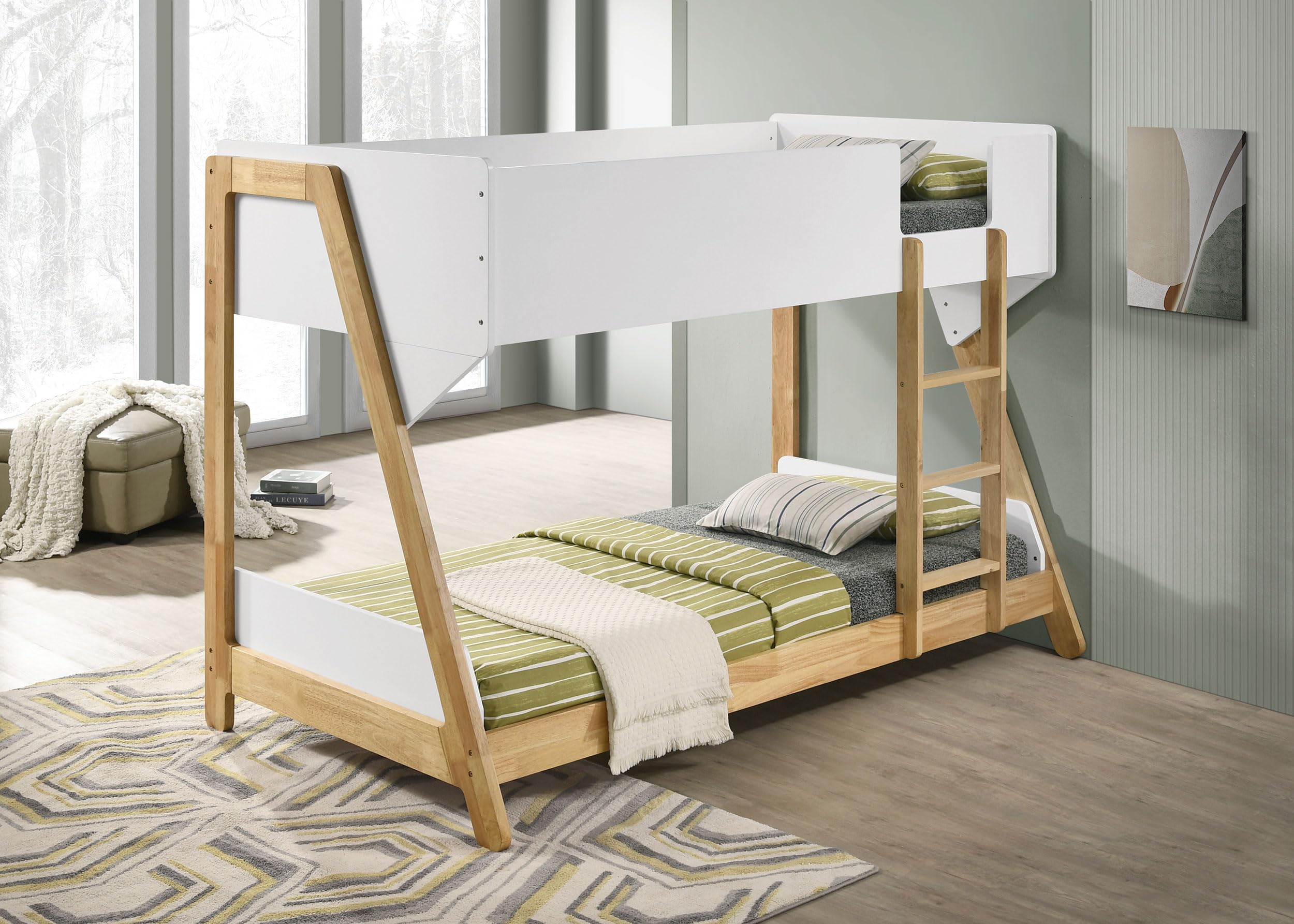 Coaster Home Furnishings Wyatt Coastal Wood Twin Over Twin Size Bunk Bed Frame with Ladder and Guardrails Fully Slatted Mattress Ready Foundation White and Natural 460510