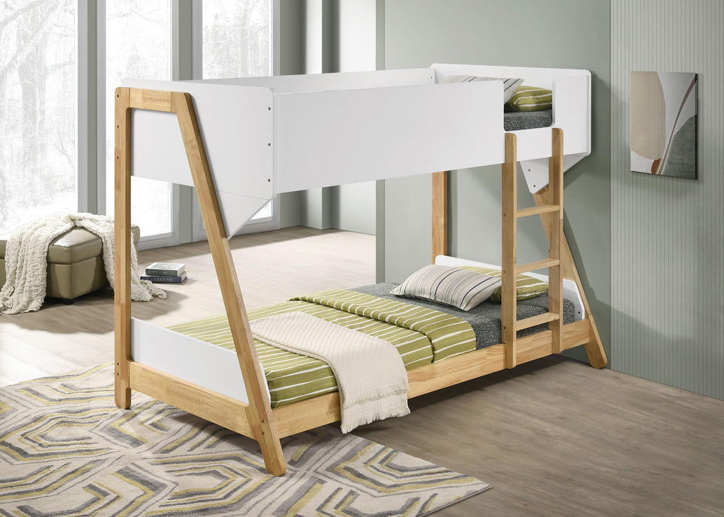 Coaster Home Furnishings Wyatt Coastal Wood Twin Over Twin Size Bunk Bed Frame with Ladder and Guardrails Fully Slatted Mattress Ready Foundation White and Natural 460510