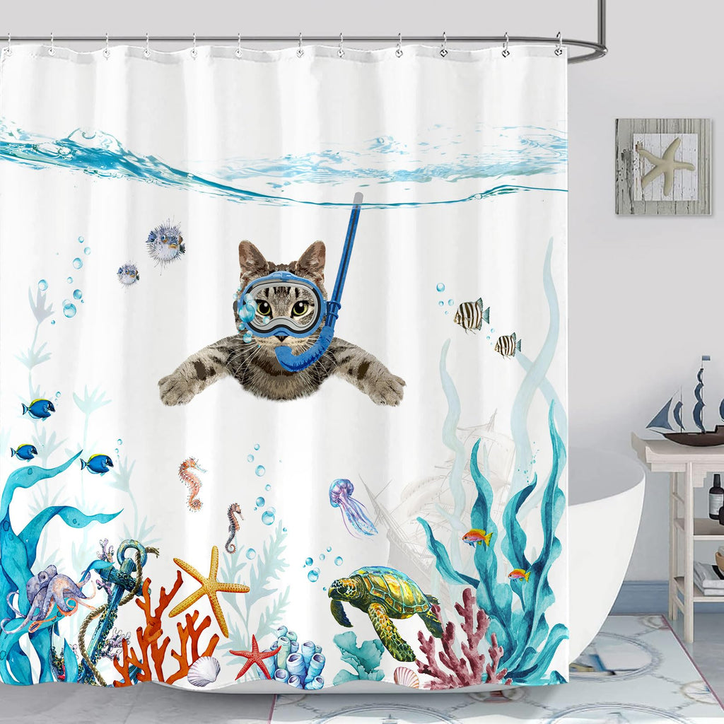 Fowocu Funny Cat 84 Inch Shower Curtain Set Teal Blue Sea Ocean Waterproof Fabric Shower Curtains With Animal Octopus Starfish T