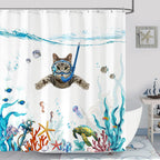 Fowocu Funny Cat 84 Inch Shower Curtain Set Teal Blue Sea Ocean Waterproof Fabric Shower Curtains With Animal Octopus Starfish T