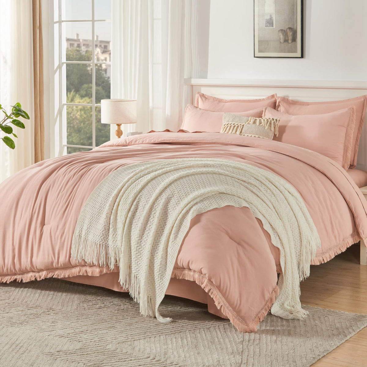 Andency Pink King Size Comforter Set With Sheets - 7 Pieces Boho Tassel Bed In A Bag Soft Lightweight Bedding Sets, Pink Fringe