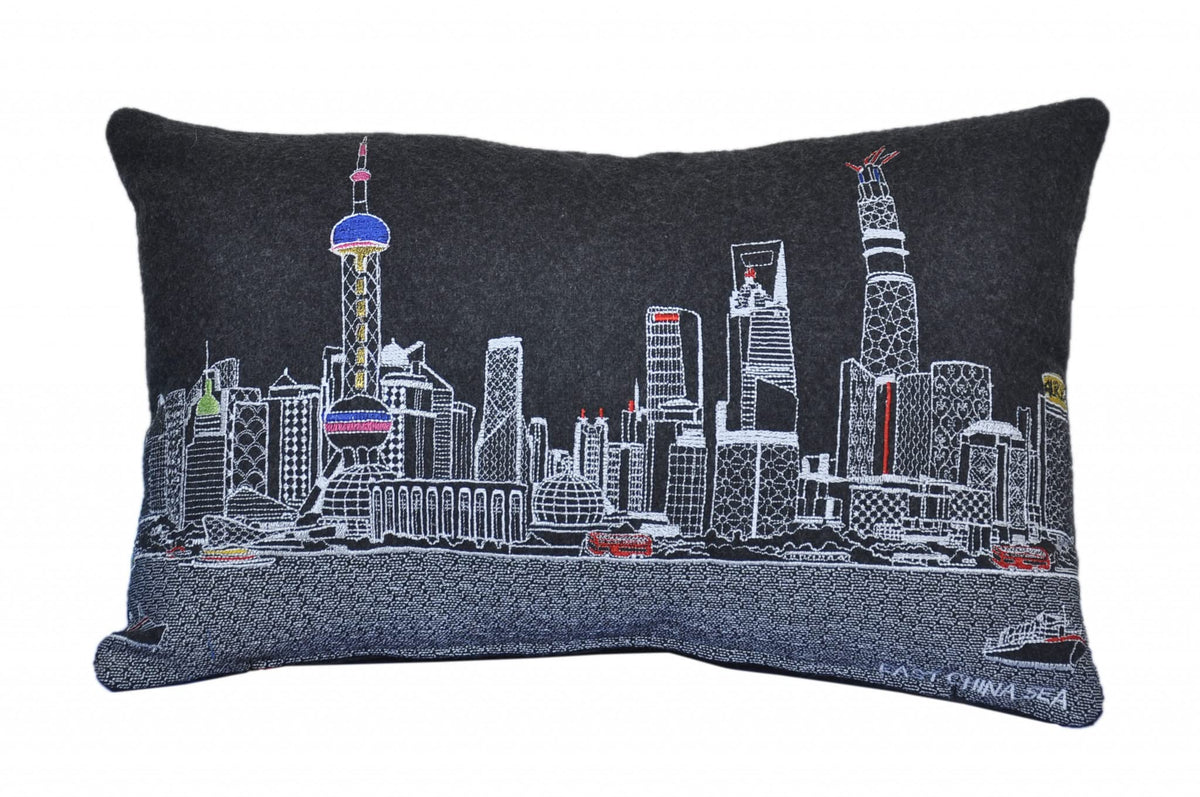 HomeRoots Grey 24' Black Shanghai Nighttime Skyline Lumbar Decorative Pillow