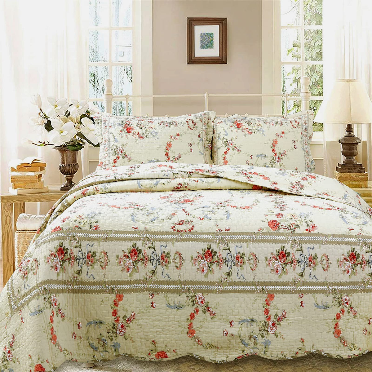 Cozy Line Home Fashions Khaki Cream Yellow Floral Blooming 100% Cotton Reversible Quilt Bedding Set Coverlet Bedspread (Rose Rom