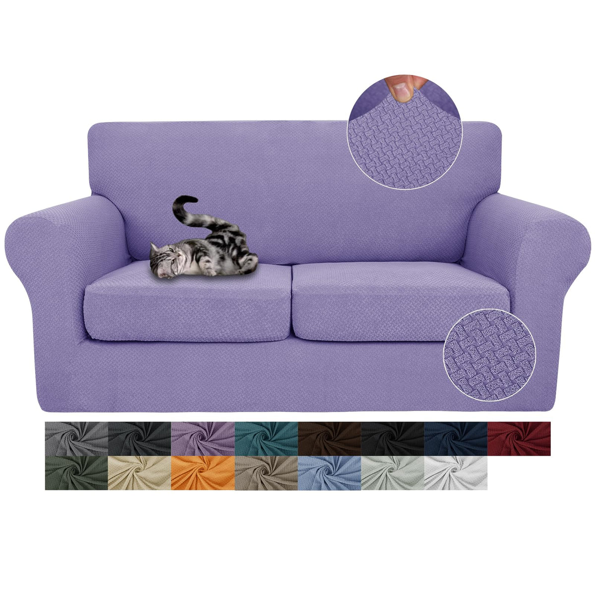 Jiviner 3 Pieces Stretch Couch Covers For 2 Cushion Couch Fitted Thick Loveseat Sofa Slipcover With 2 Seat Cushion Covers For Living Room Pet Dogs (Loveseat, Light Purple)