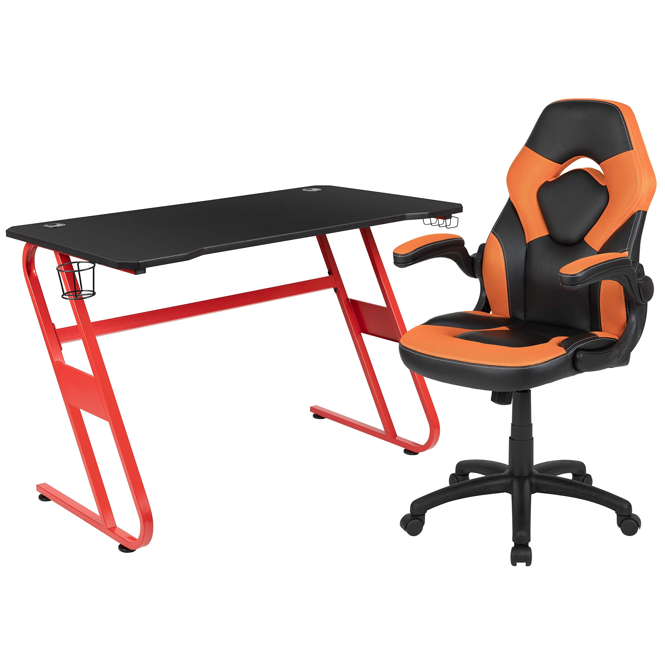 Flash Furniture Red Gaming Desk And Orange/Black Racing Chair Set With Cup Holder And Headphone Hook