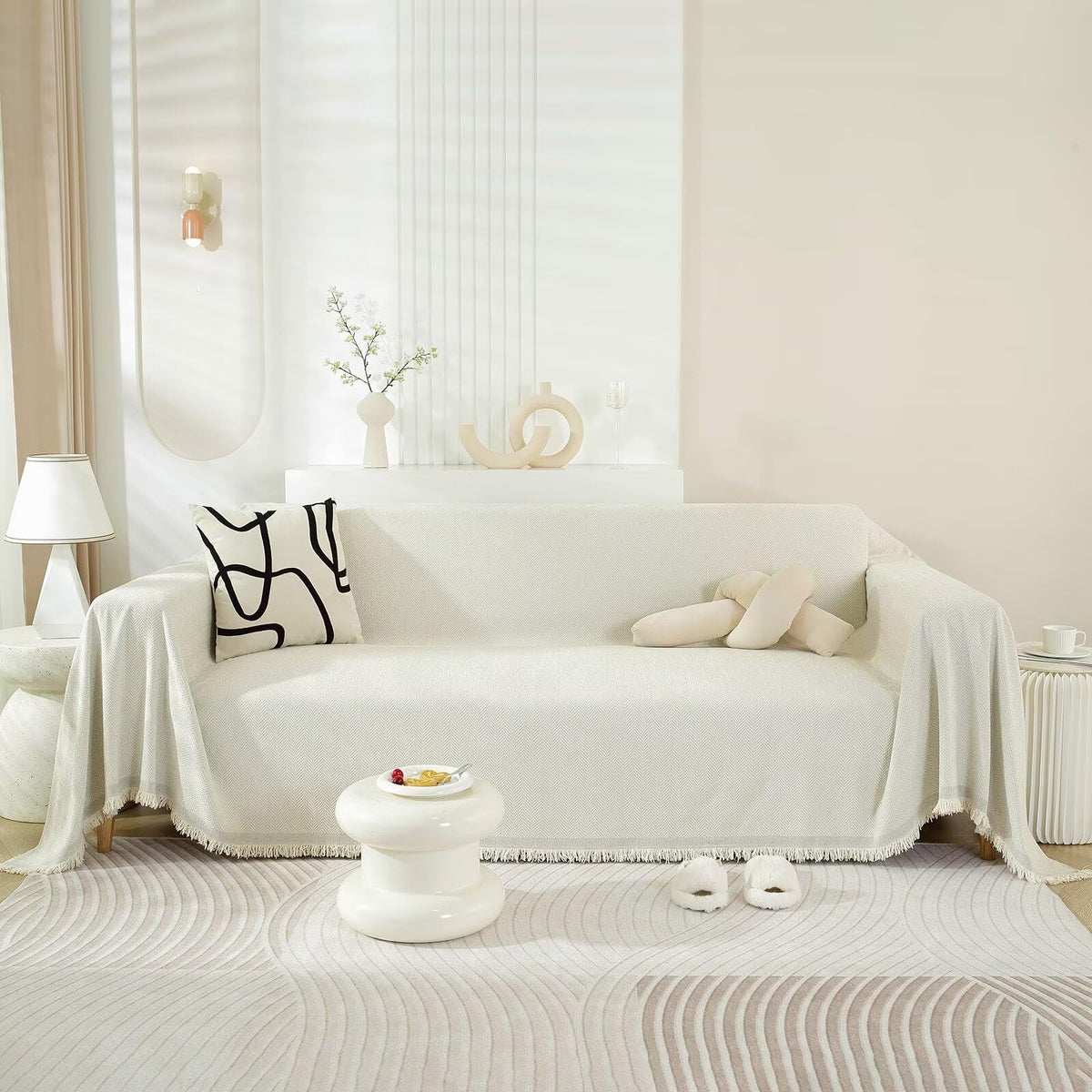 VClife Cream White Sofa Cover Breathable Thick Chenille Couch Cover with Tassel Pet-Friendly Anti-Slip Sofa Couch Cover for 2-3 