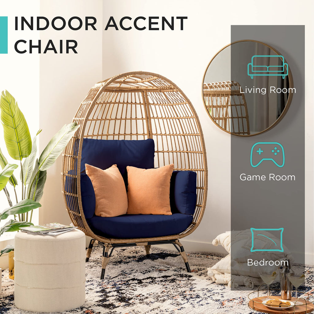 Best Choice Products Wicker Egg Chair, Oversized Indoor Outdoor Lounger For Patio, Backyard, Living Room W/ 4 Cushions, Steel Frame, 440Lb Capacity - Navy