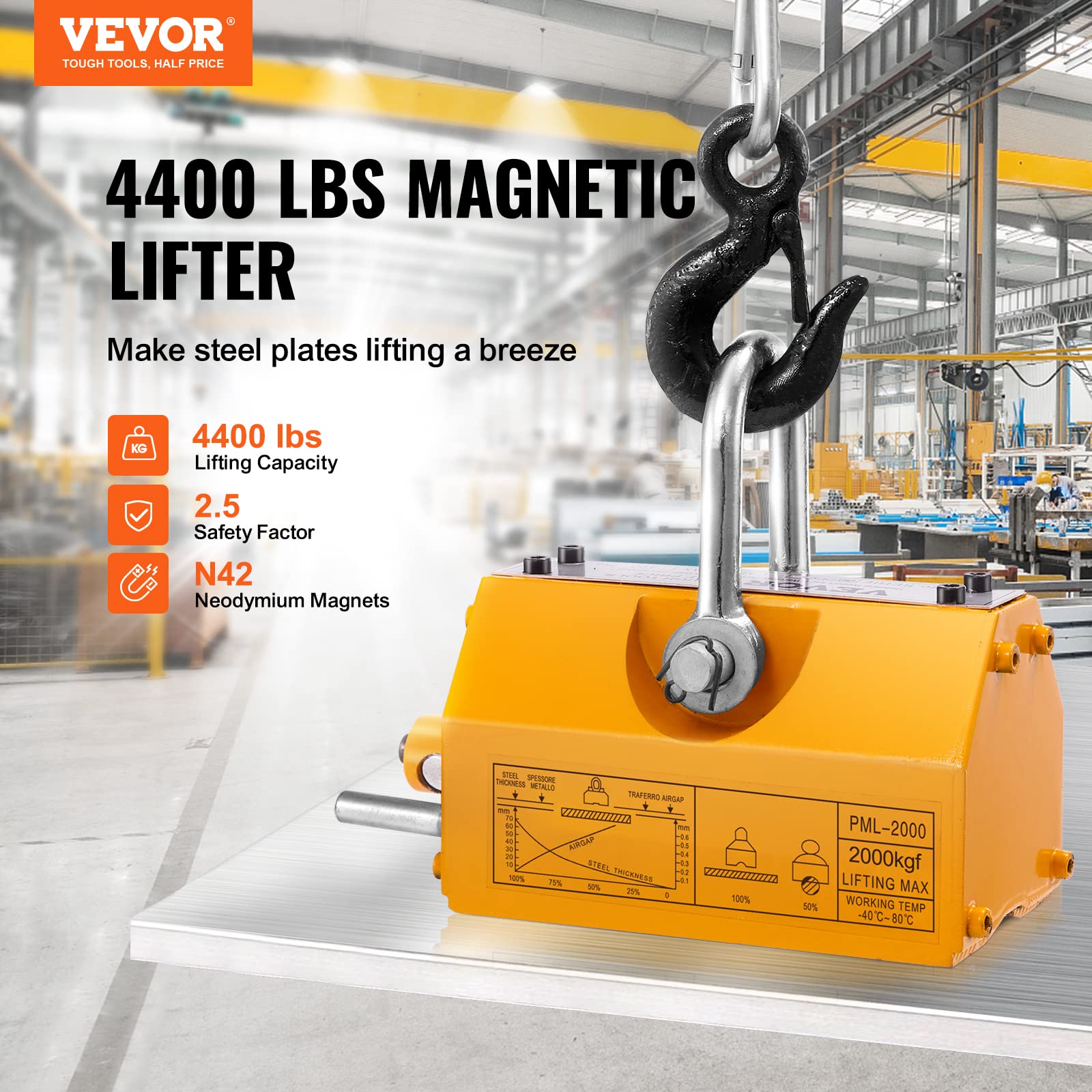 Vevor Magnetic Lifter, 4400Lbs/2000Kg Pulling Capacity, 2.5 Safety Factor, Neodymium & Steel, Lifting Magnet With Release, Perma