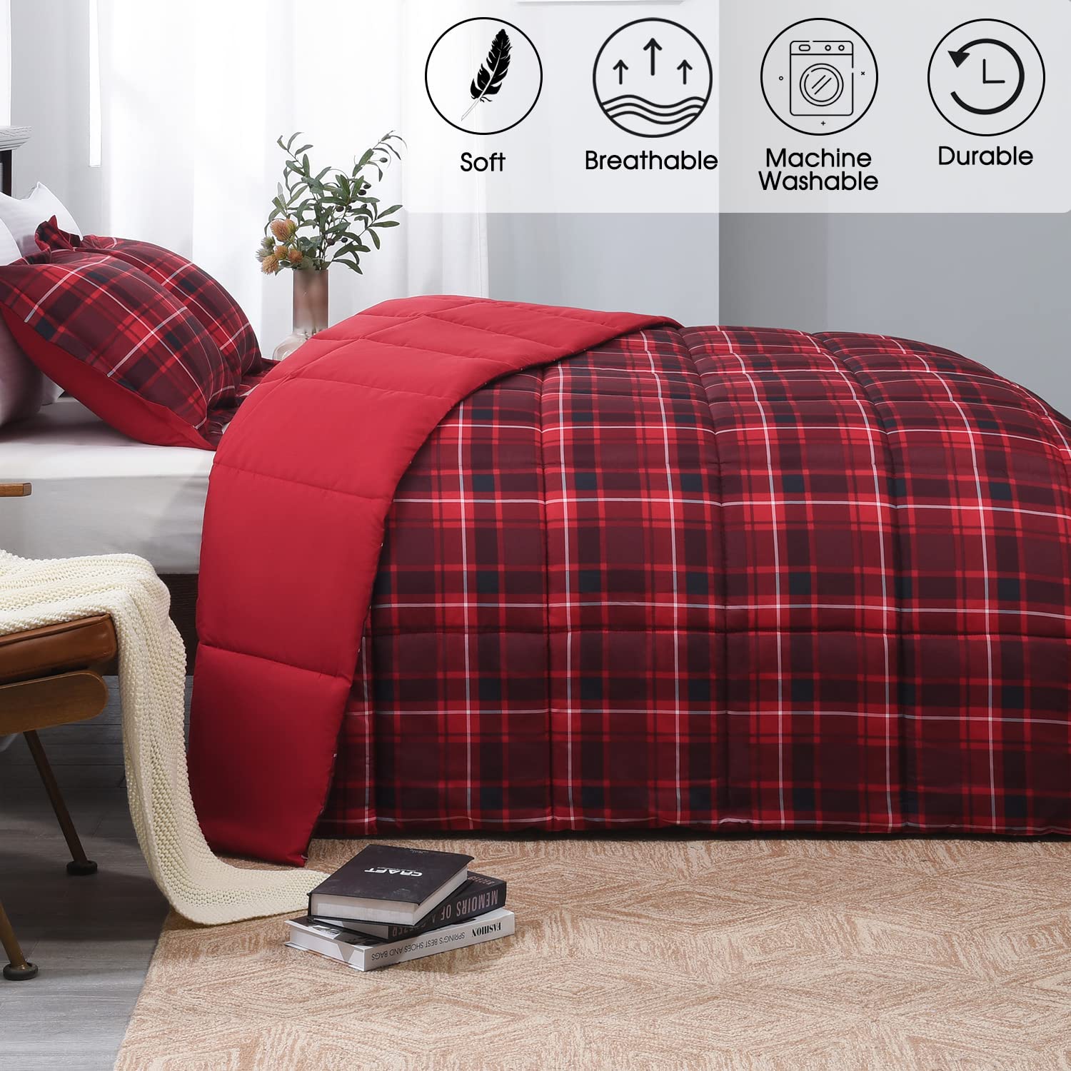 Basic Beyond King Size Comforter Set - Red And Black Buffalo Plaid Comforter Set King Down Alternative Bedding Comforter Set For All Season(1 Comforter With 2 Pillow Shams, 104' X 92')