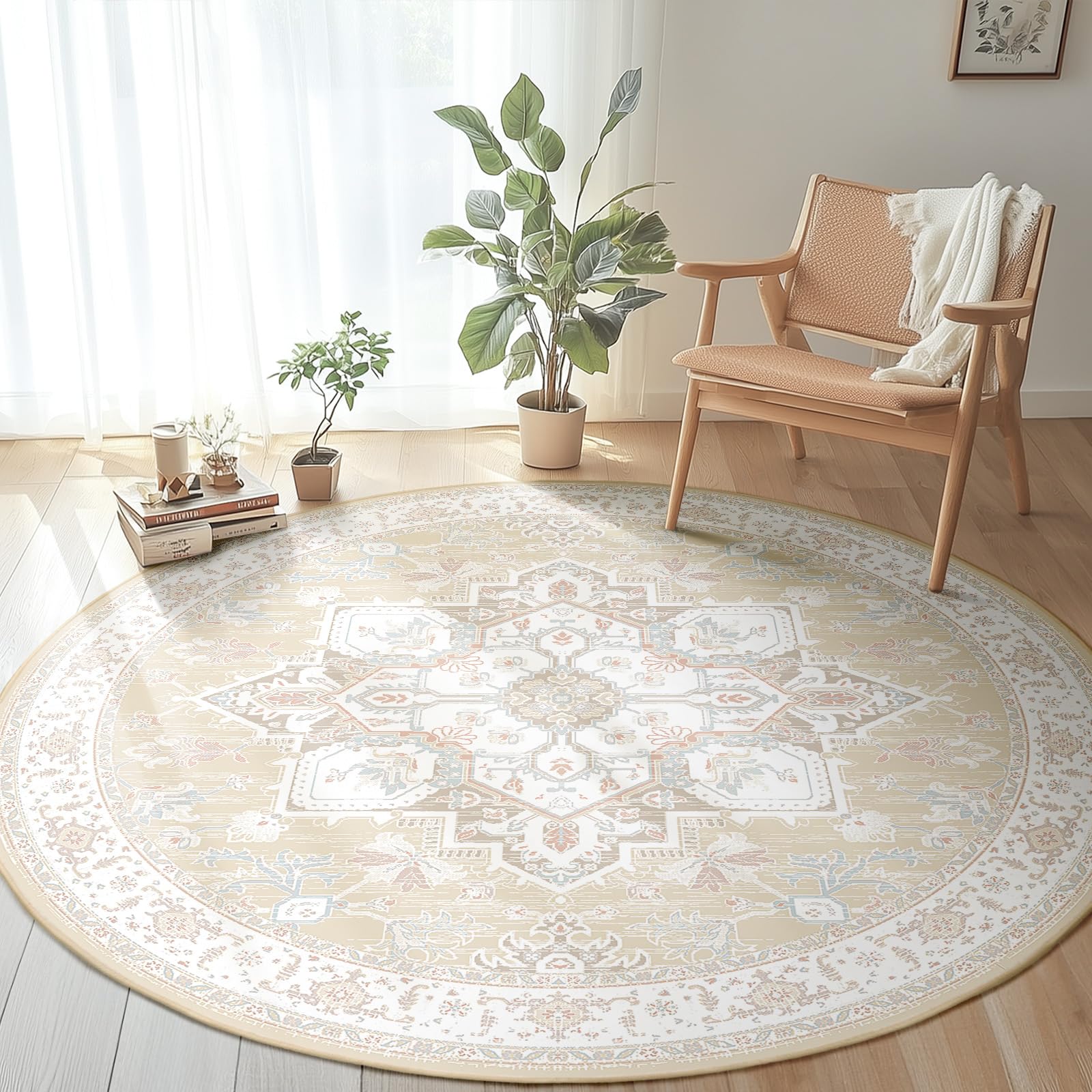 BESTSWEETIE 6ft Round Rugs for Dining Room, Washable 6ft Round Rug, Non Slip Water Repellent Floor Carpet, Low Pile Soft Vintage