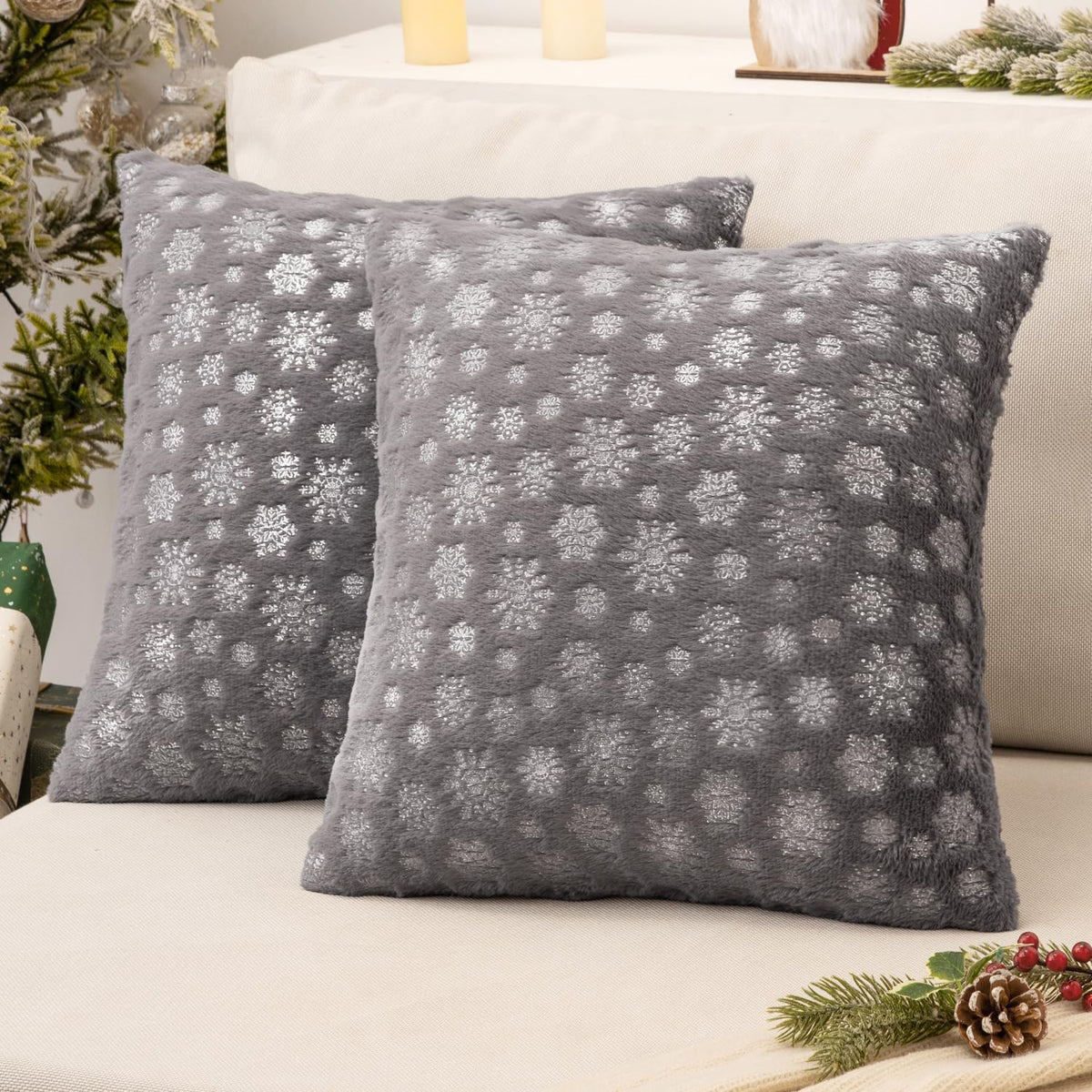 Miulee Christmas Grey Throw Pillow Covers Set Of 2 Snowflakes Decorative Pillow Covers 18X18 Inch Soft Plush Faux Fur Pillowcase