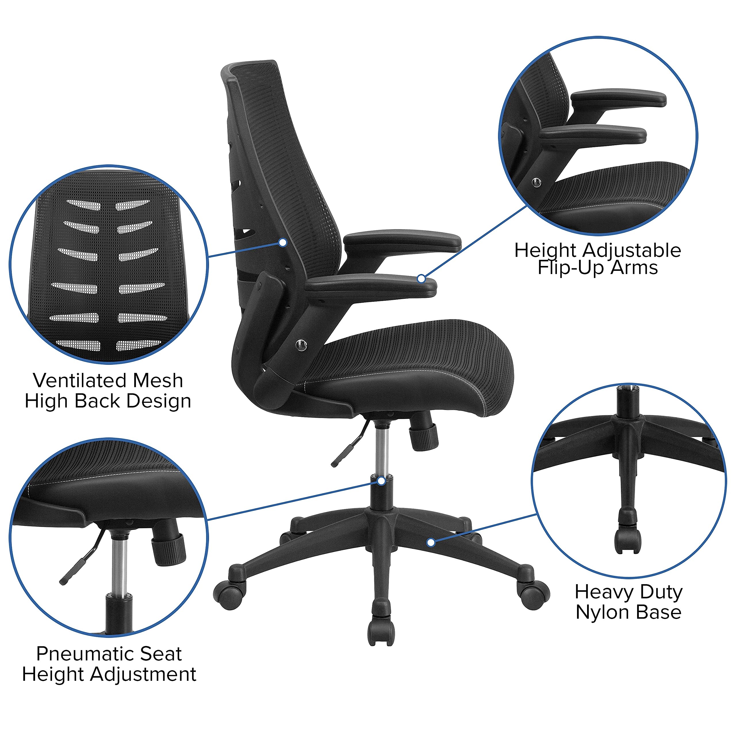 Flash Furniture Kale High Back Designer Black Mesh Executive Swivel Ergonomic Office Chair with Height Adjustable Flip-Up Arms
