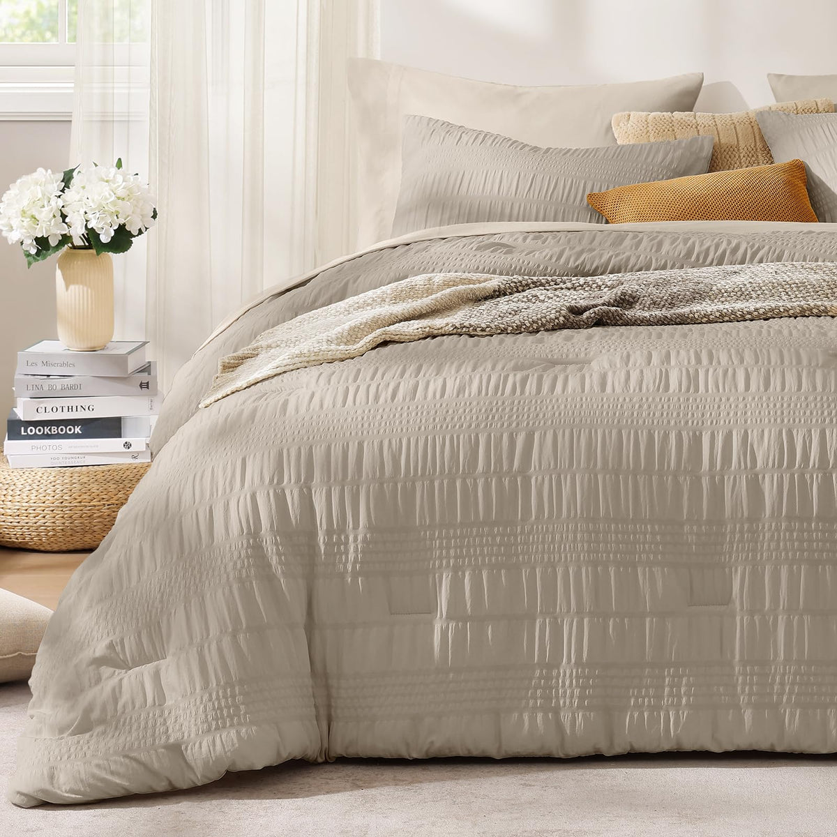 CASAAGUSTO Twin XL Comforter Set, 5 Pieces Oatmeal Seersucker Bed in a Bag Twin XL Soft All Seasons, Twin Bedding Set with Comfo