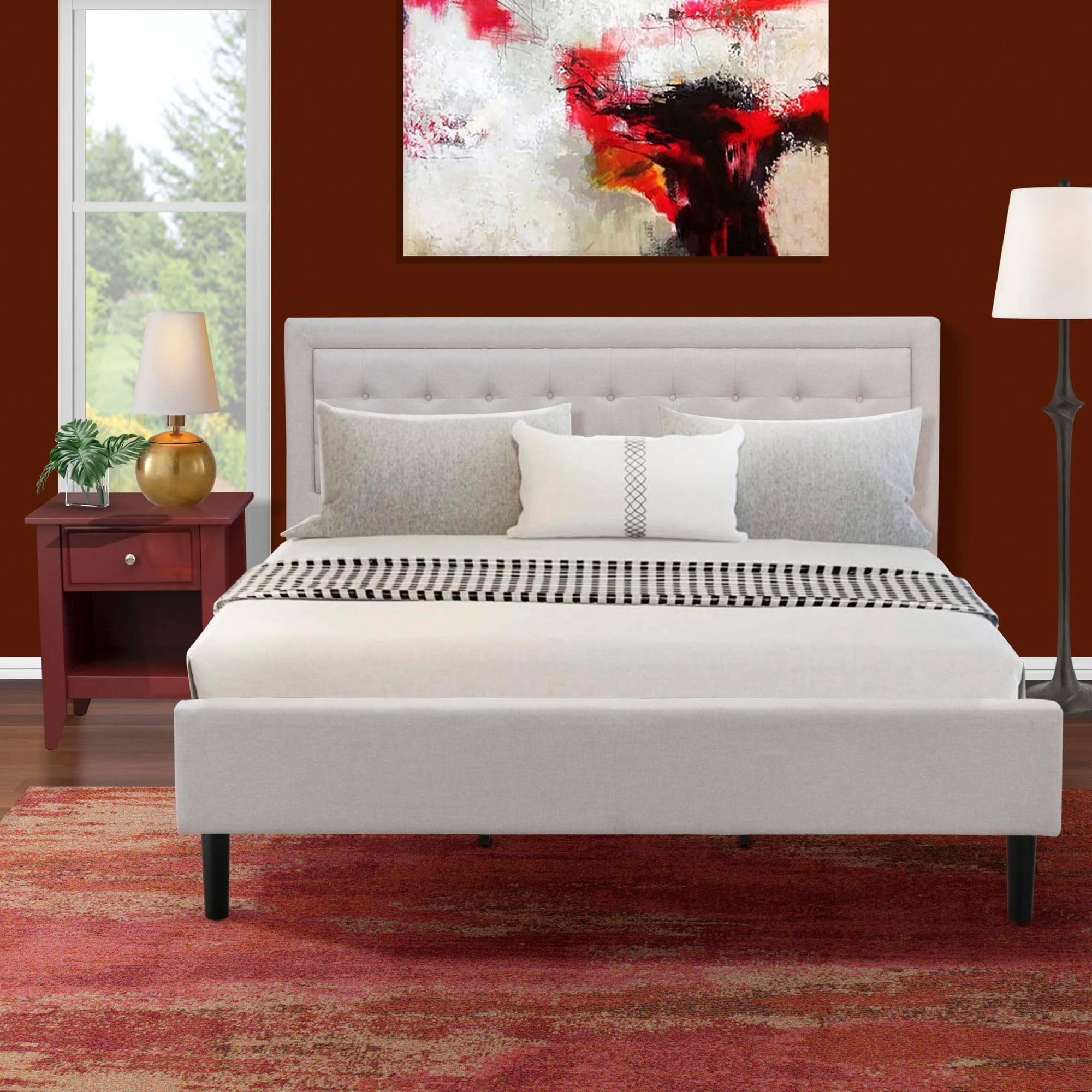 East West Furniture FN08K-1GA13 2-Piece Fannin Bed Set with 1 King Size Bed Frame and a Burgundy Night Stand - Reliable and Durable Manufacturing - Mist Beige Linen Fabric Bed