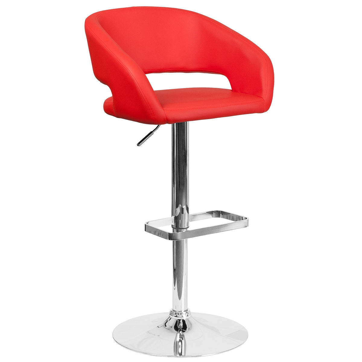 Flash Furniture Erik Comfortable & Stylish Contemporary Barstool with Rounded Mid-Back and Foot Rest, Adjustable Height - Red Vinyl with Chrome Base