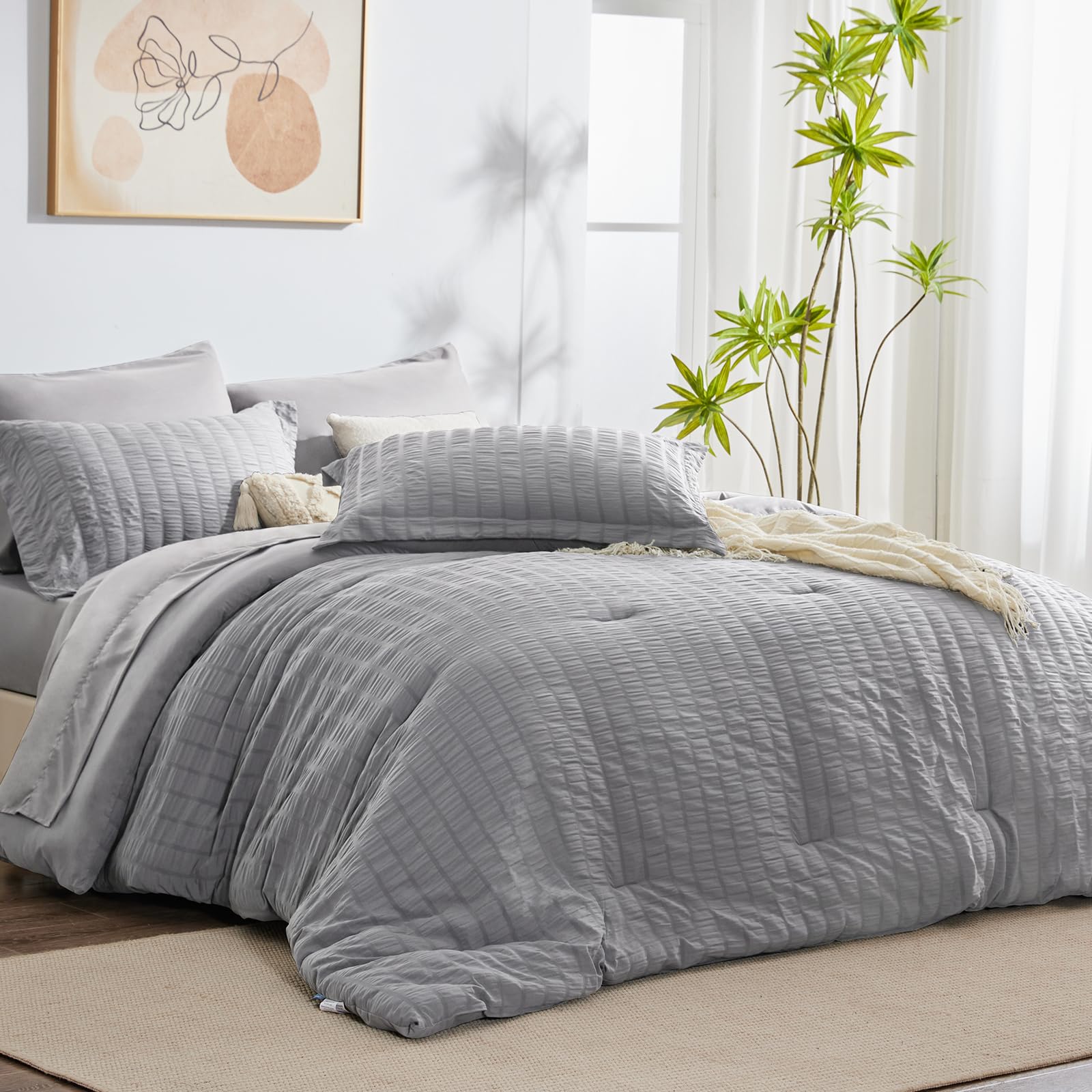 CozyLux King Seersucker Comforter Set with Sheets Light Grey Bed in a Bag 7-Pieces All Season Bedding Sets with Comforter, Pillo