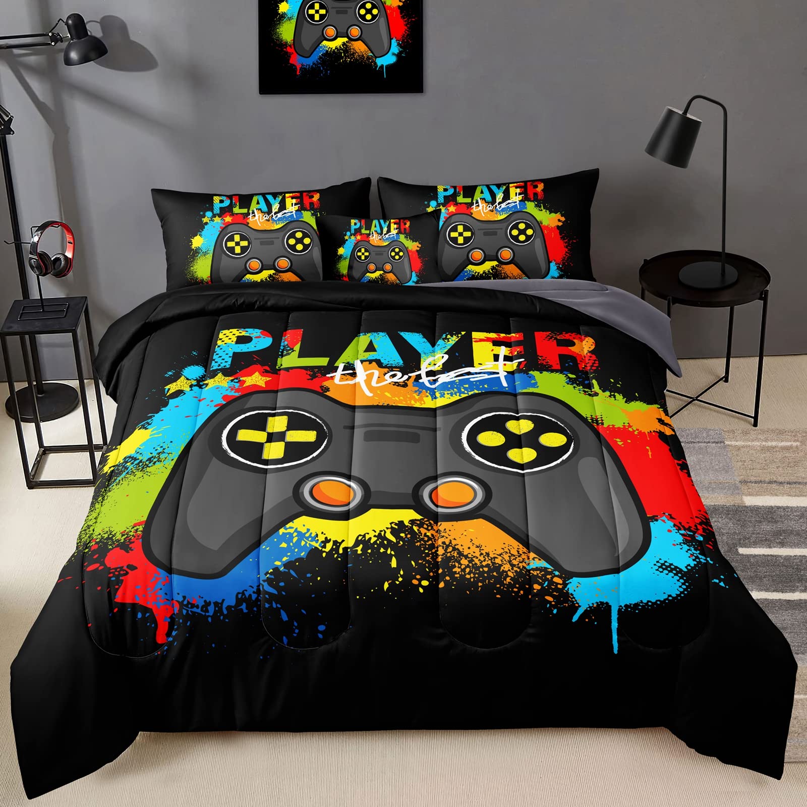 Bducok 6 Pieces Gamer Comforter Set For Boys Gaming Bedding Set Full Size,Video Game Controller Comforter For Boys Kids Adult 3D