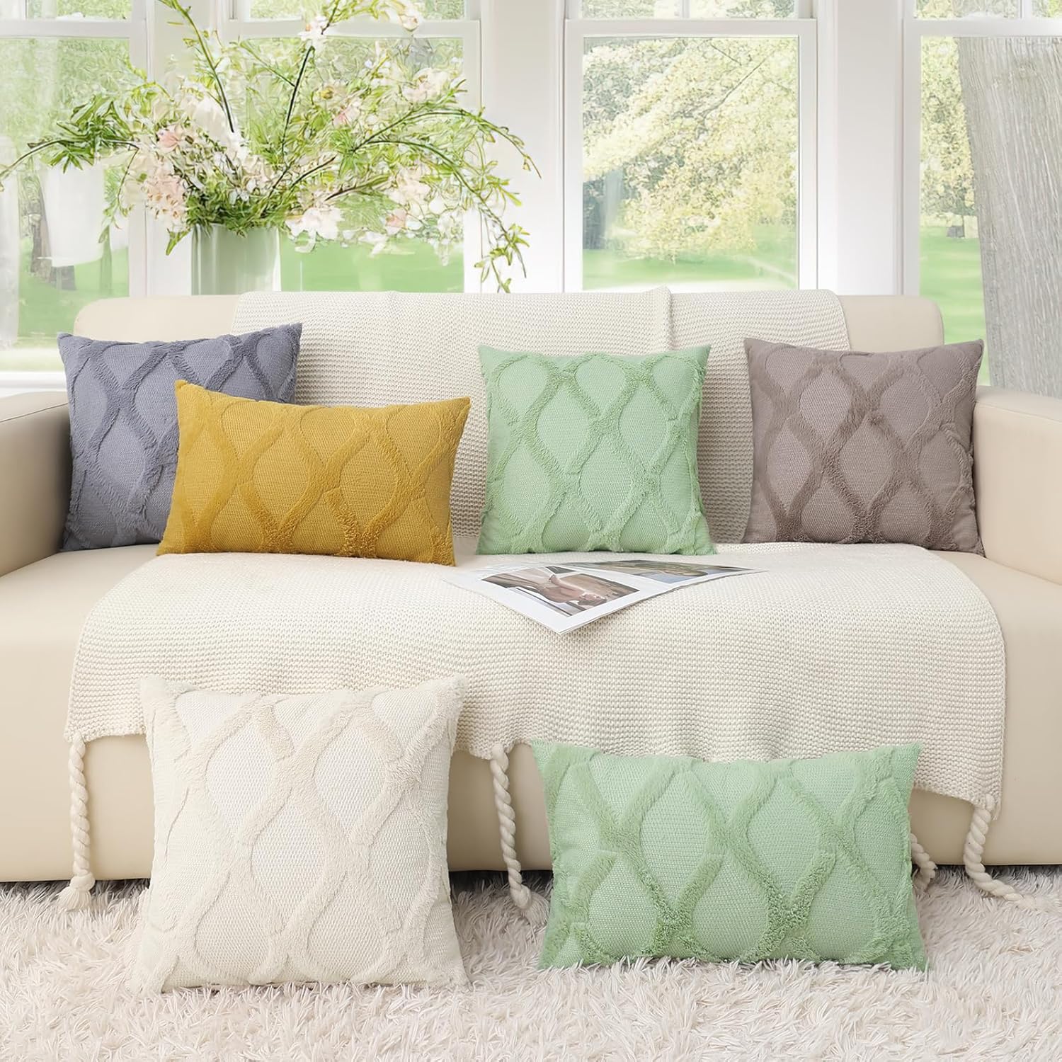Decoruhome Spring Throw Pillow Covers 22X22 Inch Set Of 2, Soft Plush Faux Fur Wool Sage Green Couch Pillow Covers, Decorative Pillow Cases For Bed Sofa Living Room Home Decor