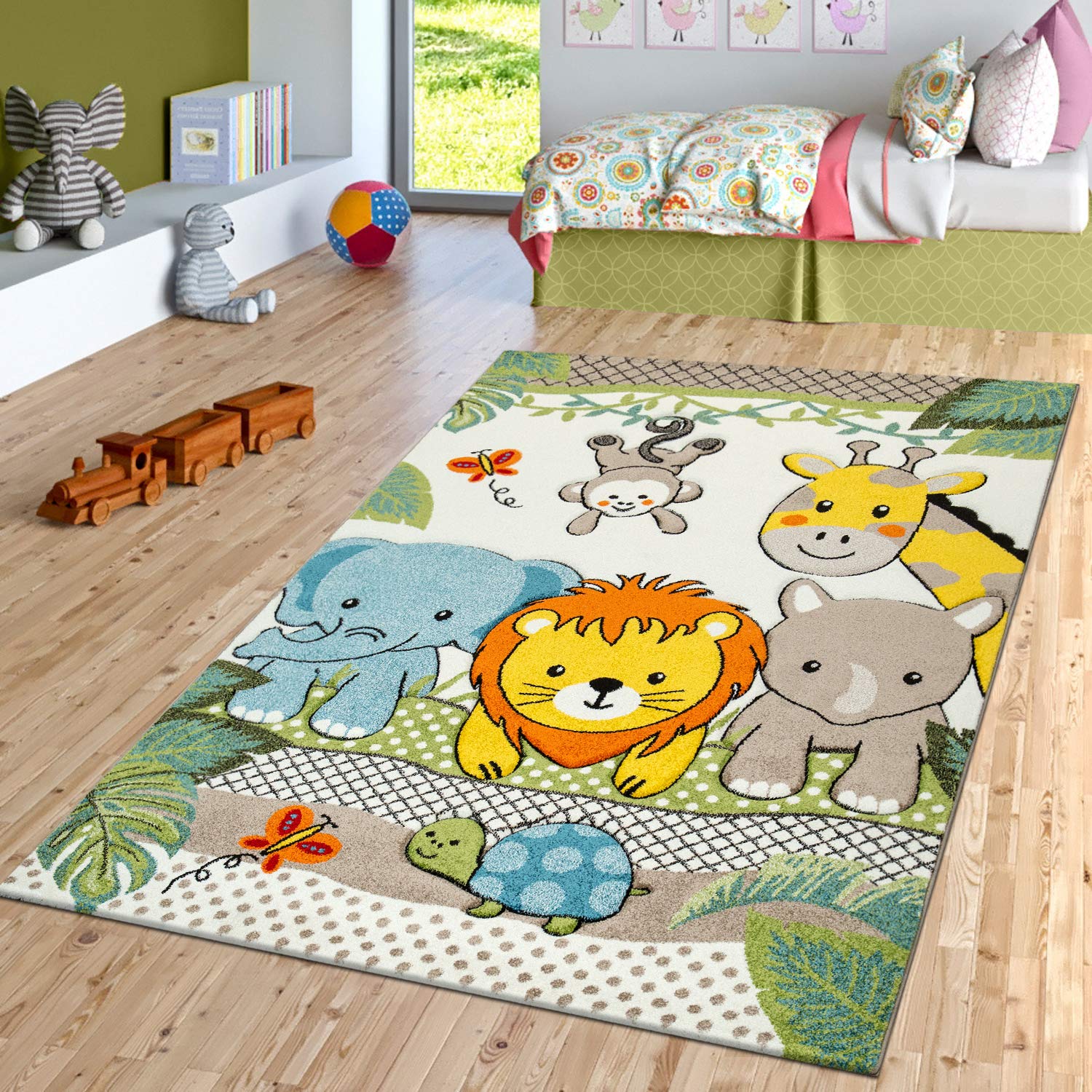 Paco Home Kids Room Rug Cute Zoo Animals Jungle Lion And Elephants In 3D Effect Colorful, Size: 5'3' X 7'7'
