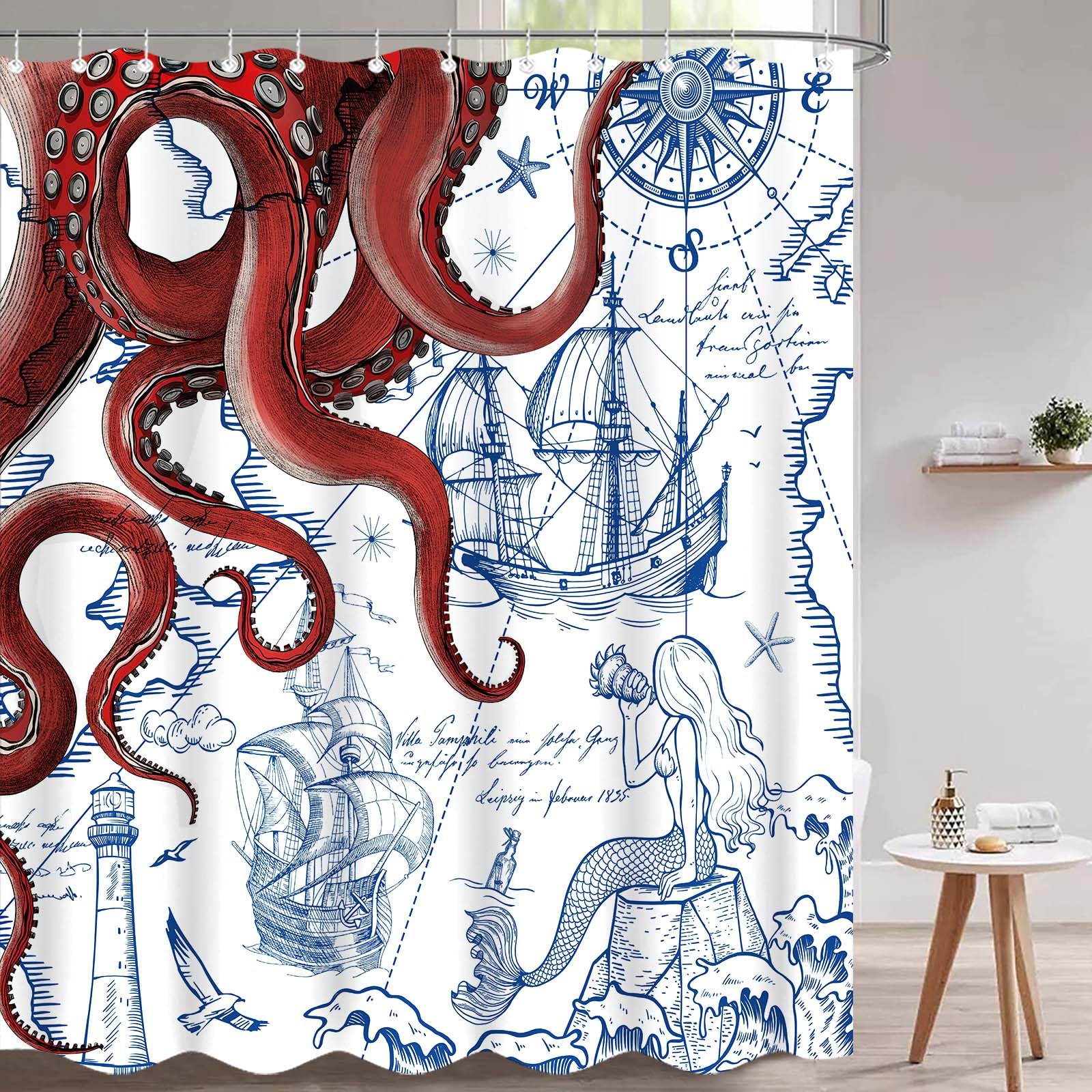 Fungarth Long Red Nautical Octopus Shower Curtain Navy Blue Mermaid Funny Ocean Kraken Shower Curtains for Bathroom Cool Anchor 
