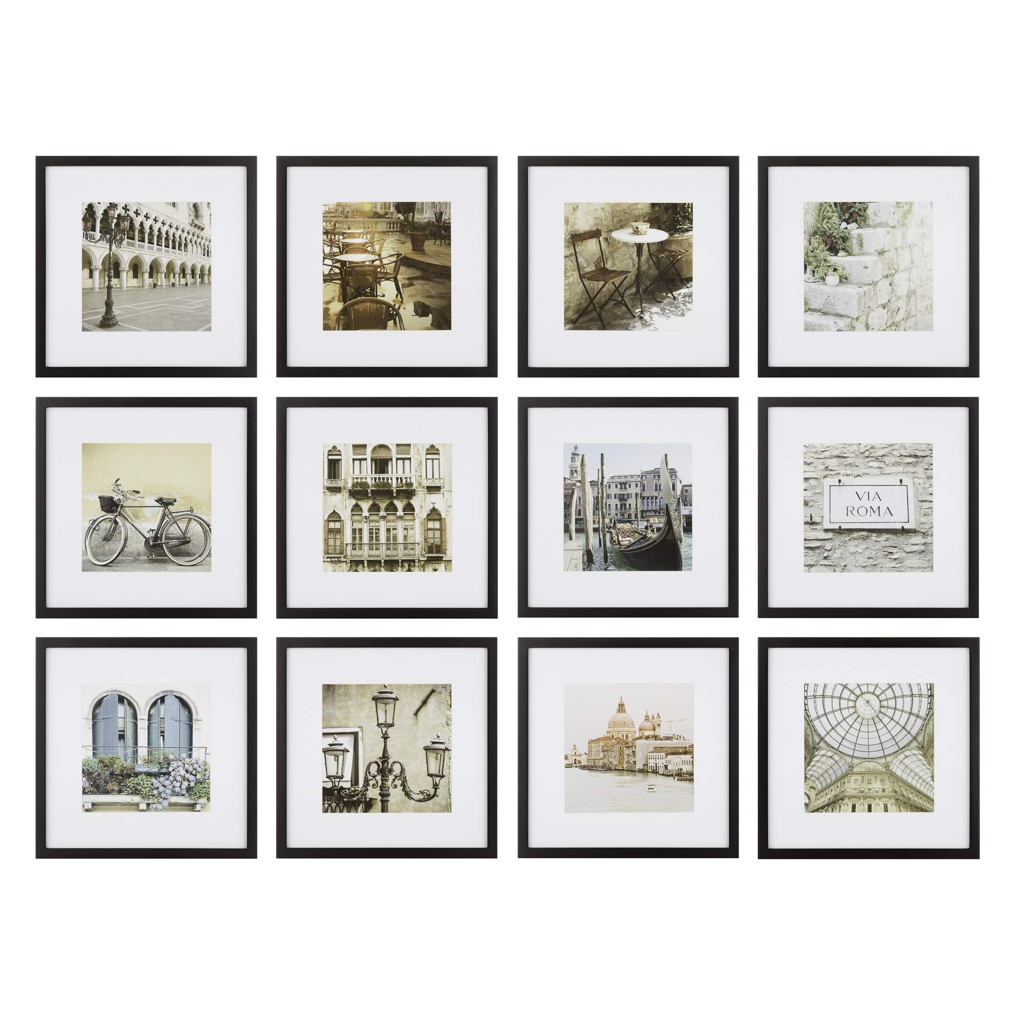 Gallery Perfect - 12-Piece Black Square Photo Frame - Set with Hanging Template - Wall Gallery Kit - 16.5x10.2x16.7 - Square Wal