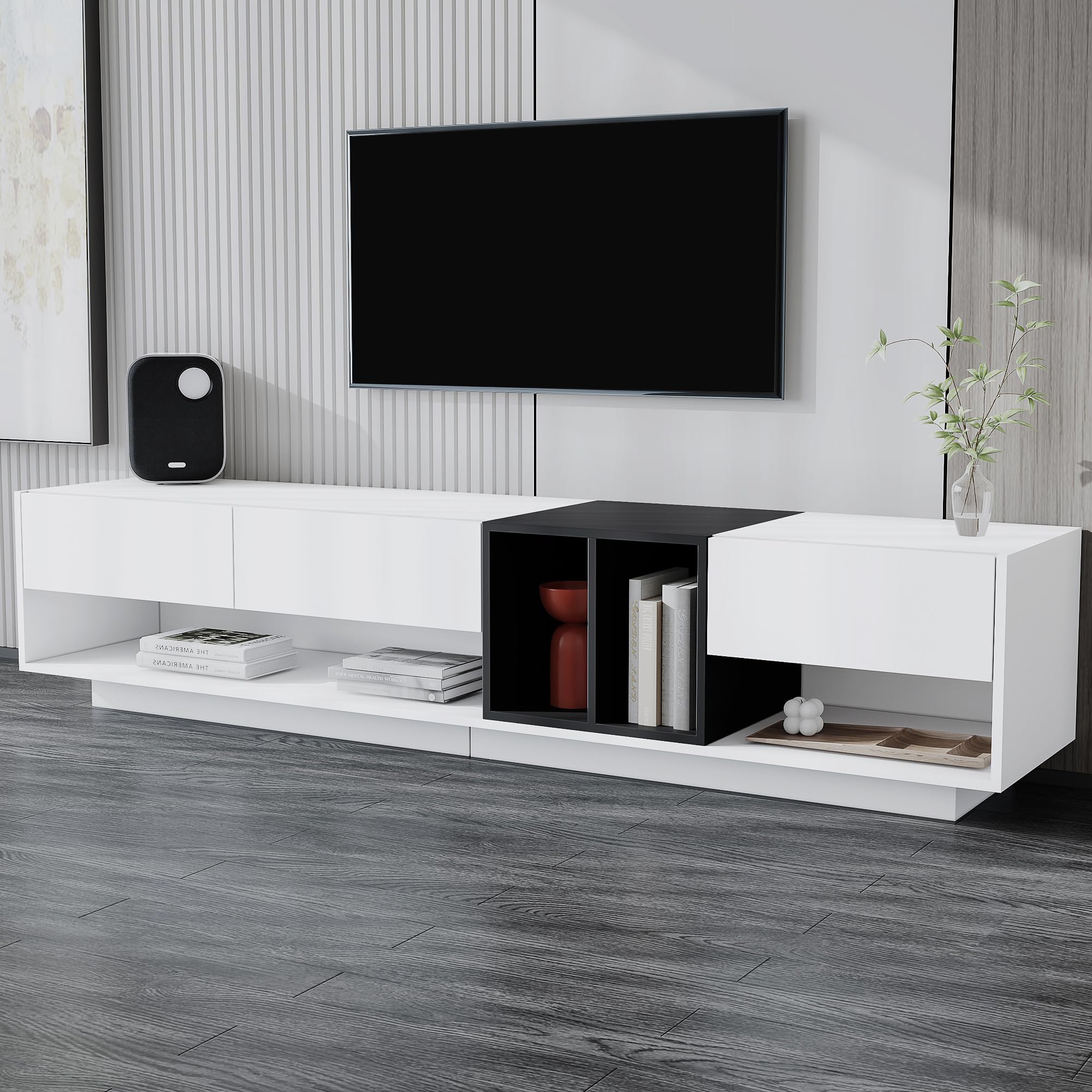 Merax Sleek And Stylish Tv Stand With Perfect Storage Solution, Two-Tone Media Console For Television Up To 80'', Functional Cabinet With Versatile Compartment For Living Room, White