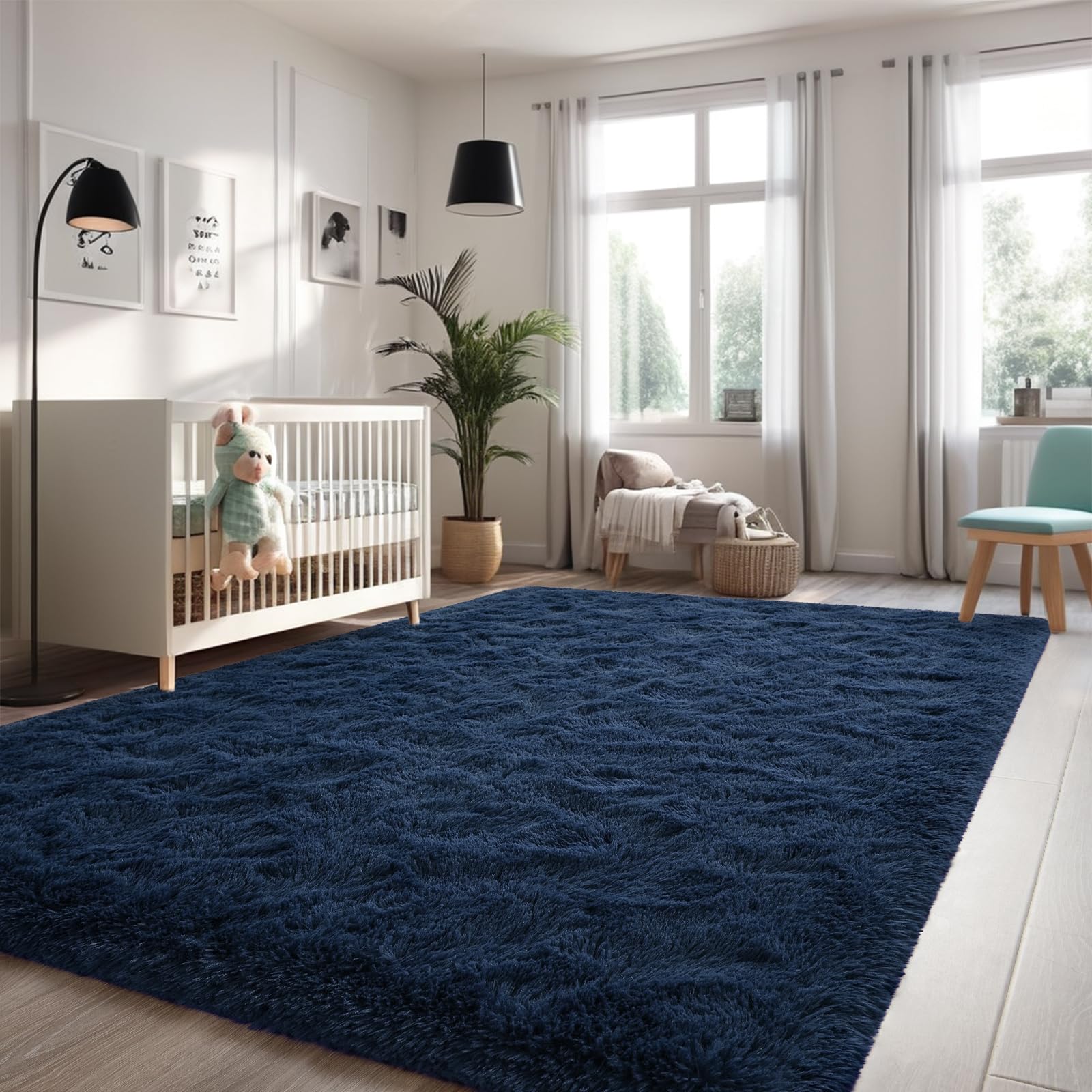 Larhom Fluffy Shag Area Rug For Bedroom Living Room, 4X6 Ft Navy Blue Fuzzy Plush Rugs For Kids Girls Boys Room, Nursery Dorm Ro