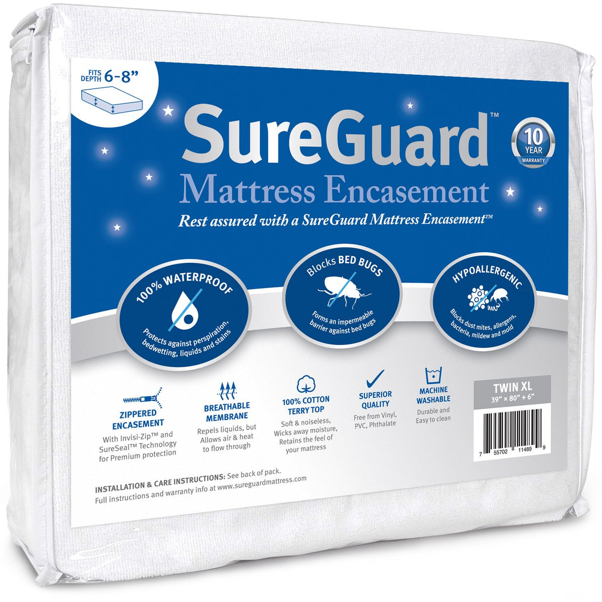 Twin Xl (6-8 In. Deep) Sureguard Mattress Encasement - 100% Waterproof, Bed Bug Proof, Hypoallergenic - Premium Zippered Six-Sid