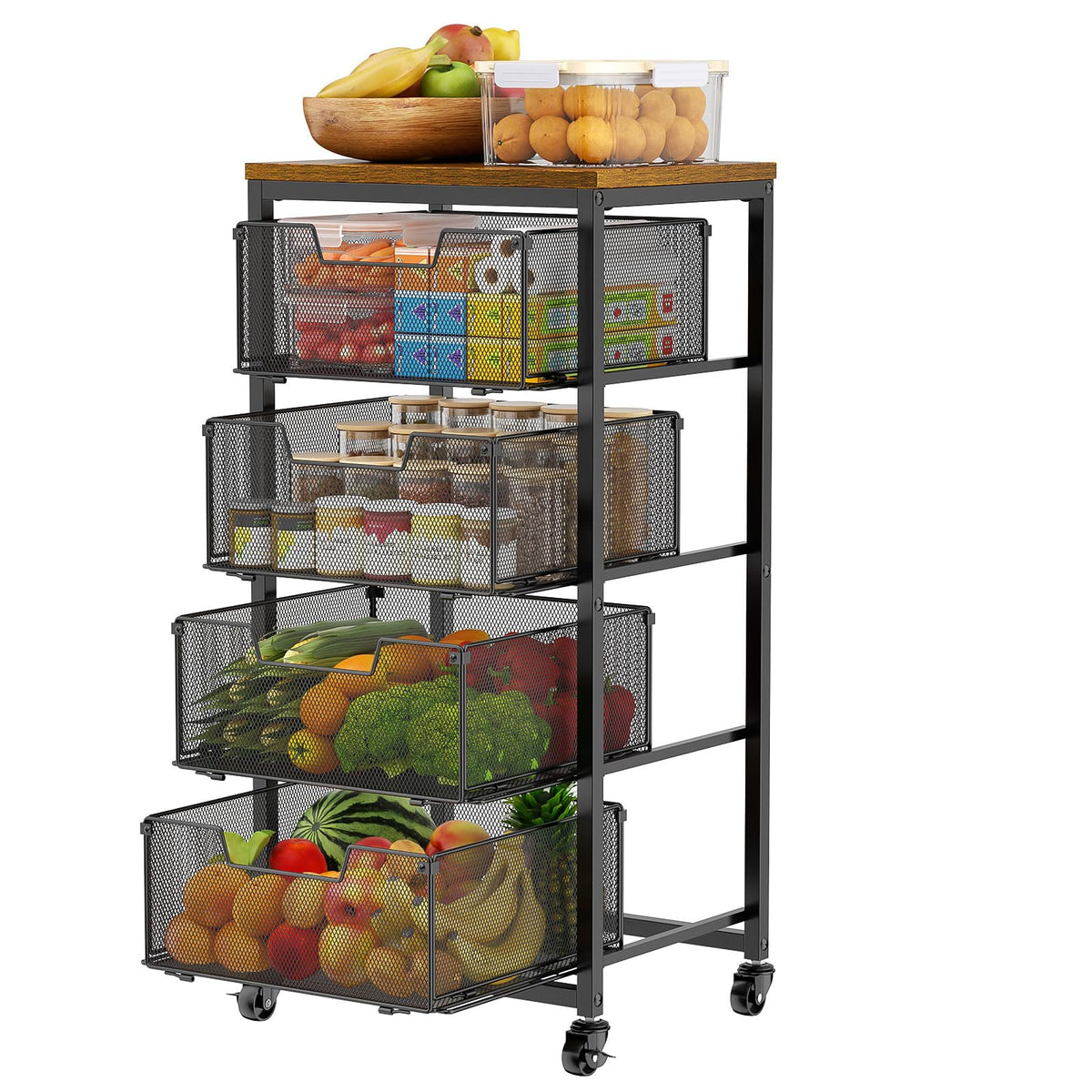 Zuyachuza Kitchen Rolling Cart with Drawers, 4Tier Fruit Vegetable Storage Cart on Wheels with Wooden Top, Kitchen Rolling Stor