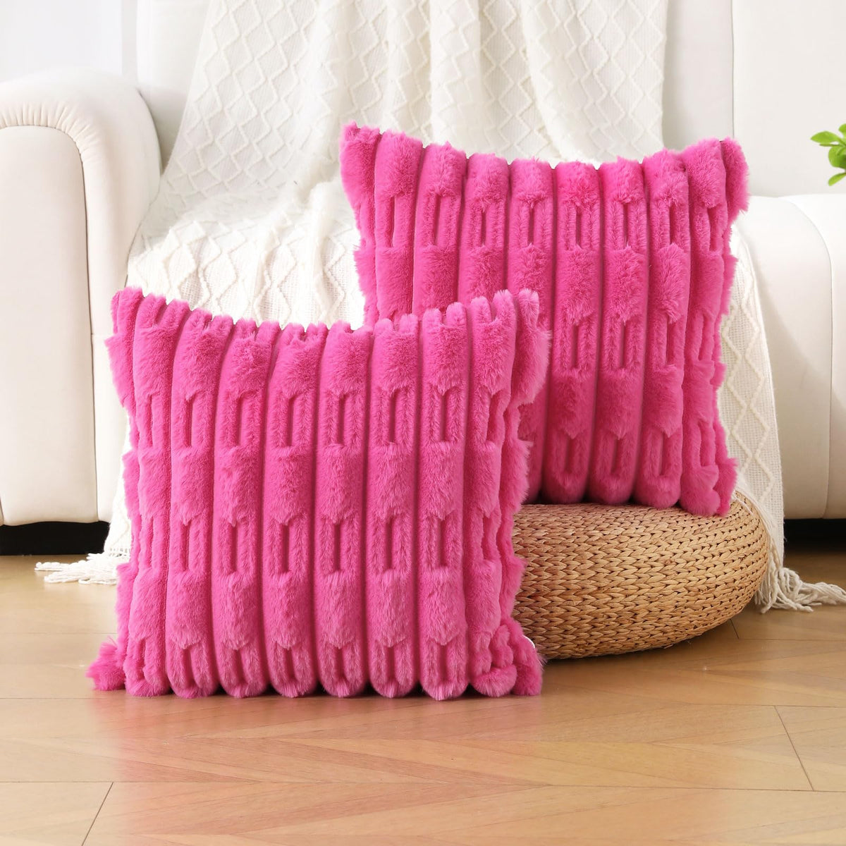 Futei Hot Pink Striped Decorative Throw Pillow Covers 20X20 Inch Set Of 2,Square Cushion Case,Soft Faux Rabbit Fur & Velvet Back