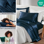 Madison Park Essentials Satin Sheets Twin Size, Luxurious Silky Satin Bed Sheets, Elastic 14' Pocket Fits Up To 16' Mattress, Wrinkle-Free, Soft Satin Bed Sheet Set, Midnight Blue 4 Piece