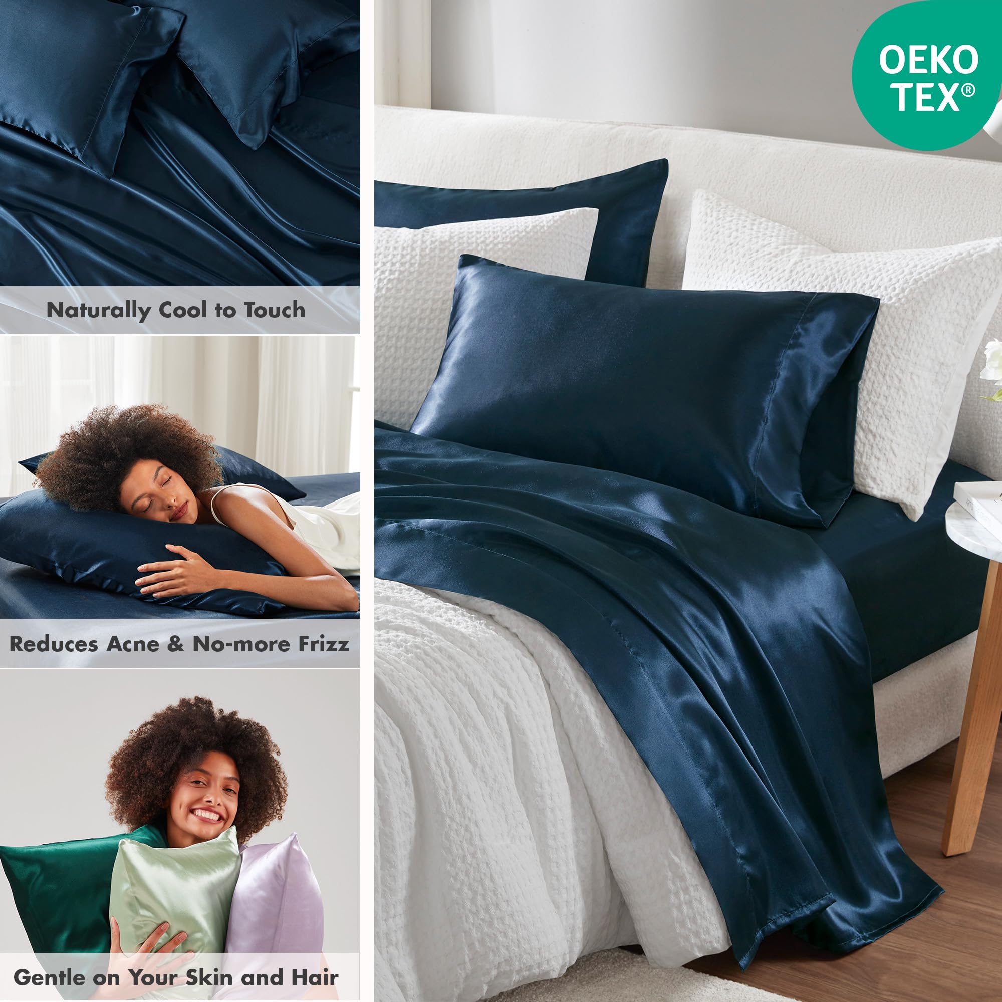 Madison Park Essentials Satin Sheets Twin Size, Luxurious Silky Satin Bed Sheets, Elastic 14' Pocket Fits Up To 16' Mattress, Wrinkle-Free, Soft Satin Bed Sheet Set, Midnight Blue 4 Piece