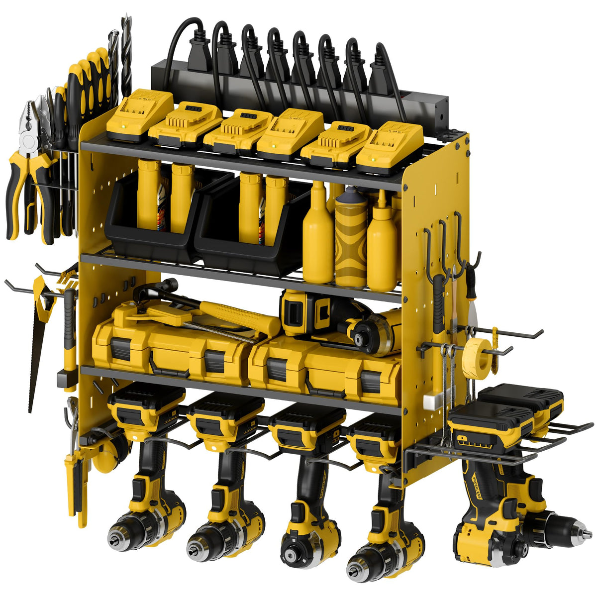 Sttoraboks Modular Power Tool Organizer With Charging Station, Wall Mount Garage Shelf Rack With Hooks For 6 Drills, 4-Layer Shelf, Heavy Duty Tool Battry Holder Built In 8 Outlet Power Strip, Yellow