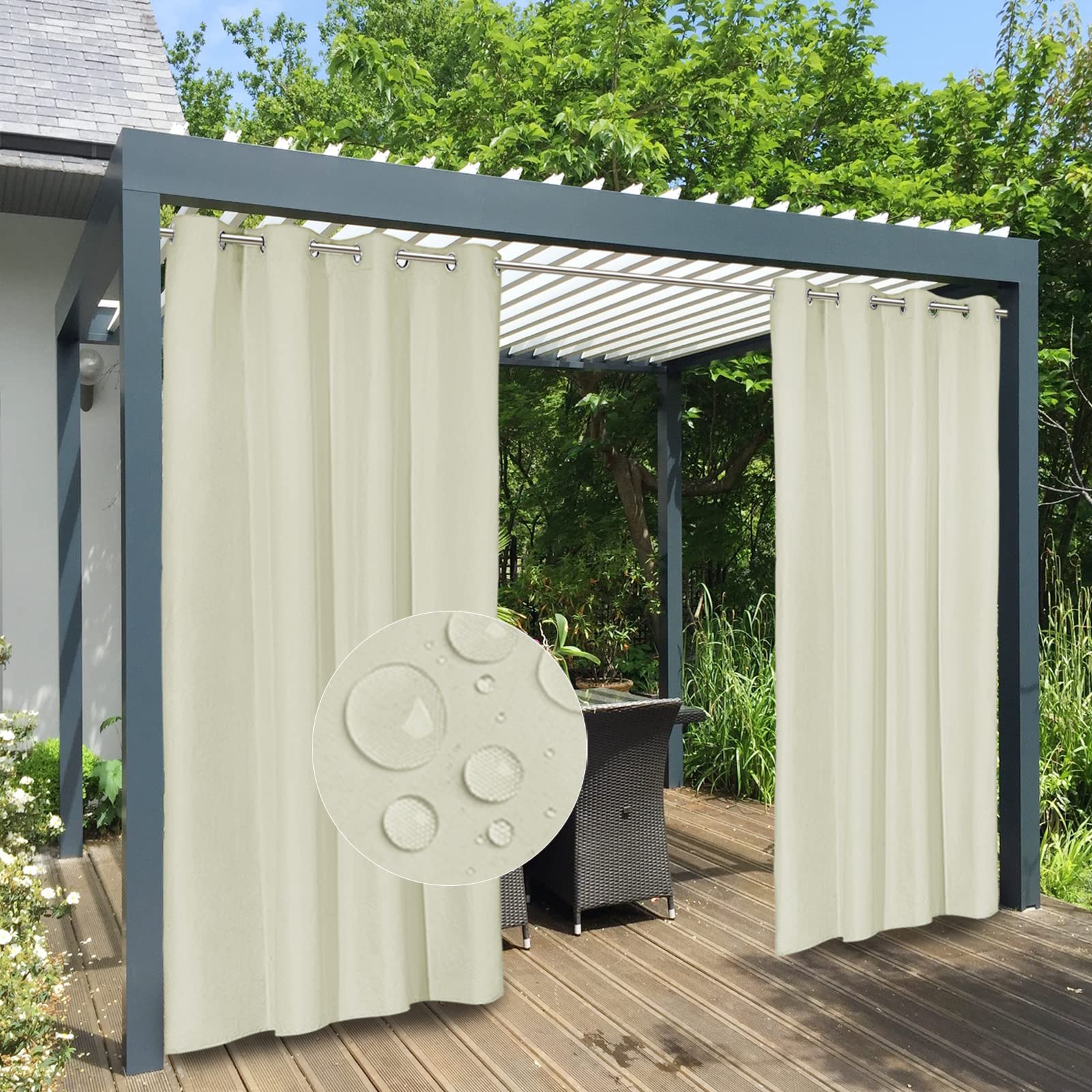 Easy-Going 100% Waterproof Outdoor Curtains Windproof Weatherproof Porch Curtains, Premium Thick Outdoor Privacy Grommet Top Pan