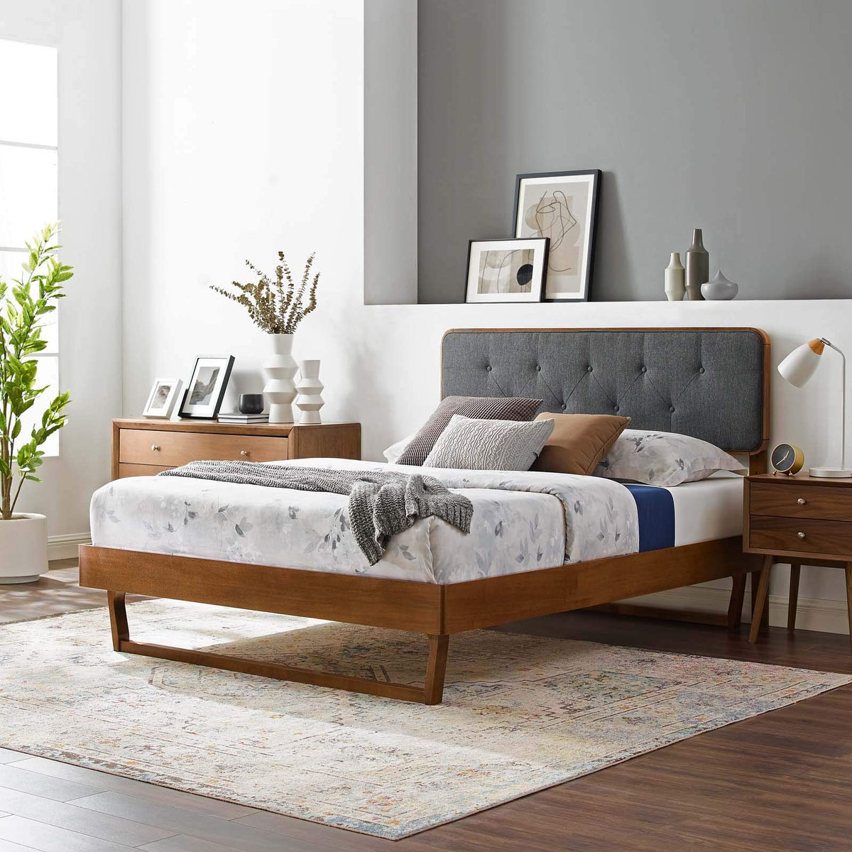 Modway Mod-6644-Wal-Cha Bridgette King Wood Platform Bed With Angular Frame, Walnut Charcoal