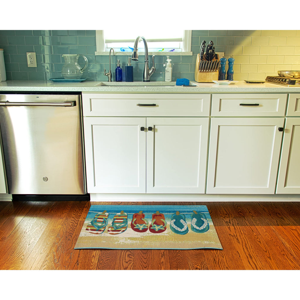 Liora Manne Esencia Machine Washable Non-Slip Low Profile Indoor/Outdoor Mat-Transitional, Coastal, Beach, Whimsical, Flip Flops Forever Blue 2' X 2'10'