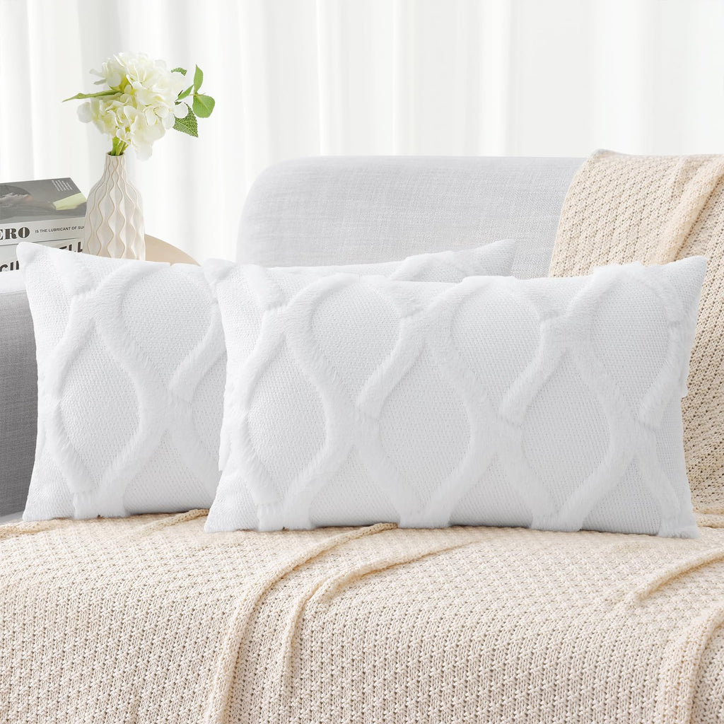 Decoruhome Throw Pillow Covers 12X20 Inch Set Of 2, Soft Plush Faux Fur Wool Lumbar Pure White Couch Pillow Covers, Decorative Pillow Cases For Bed Sofa Living Room Home Decor
