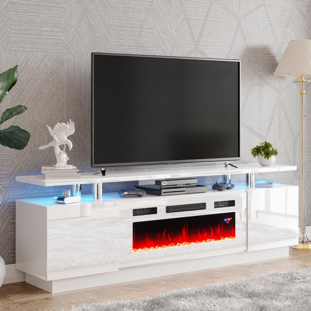 Amerlife Fireplace Tv Stand With 36' Fireplace, 70' Modern High Gloss Fireplace Entertainment Center Led Lights, 2 Tier Tv Console Cabinet For Tvs Up To 80', White & White